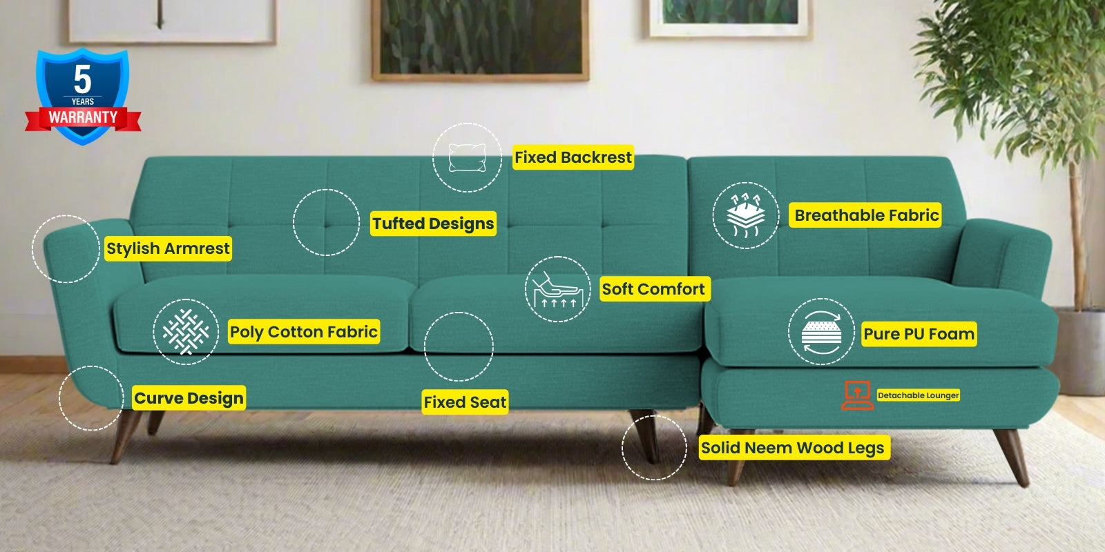Jasmin Fabric LHS Sectional Sofa (3+ Lounger) In Sea Green Colour - Febonic Living