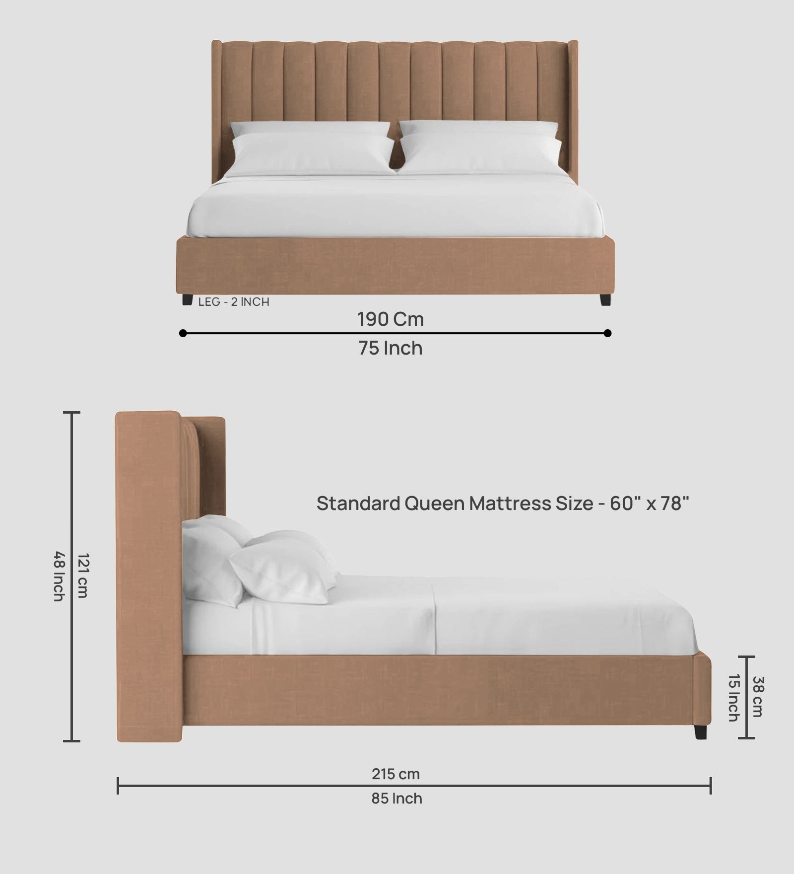 Colina Fabric Queen Size Bed In Cosmic Beige Colour With Box Storage - Febonic Living