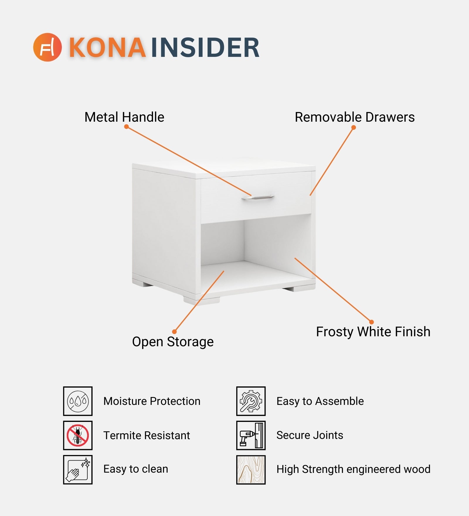 Elvik Bedside Table With Drawer In Frosty White Finish - Febonic Living