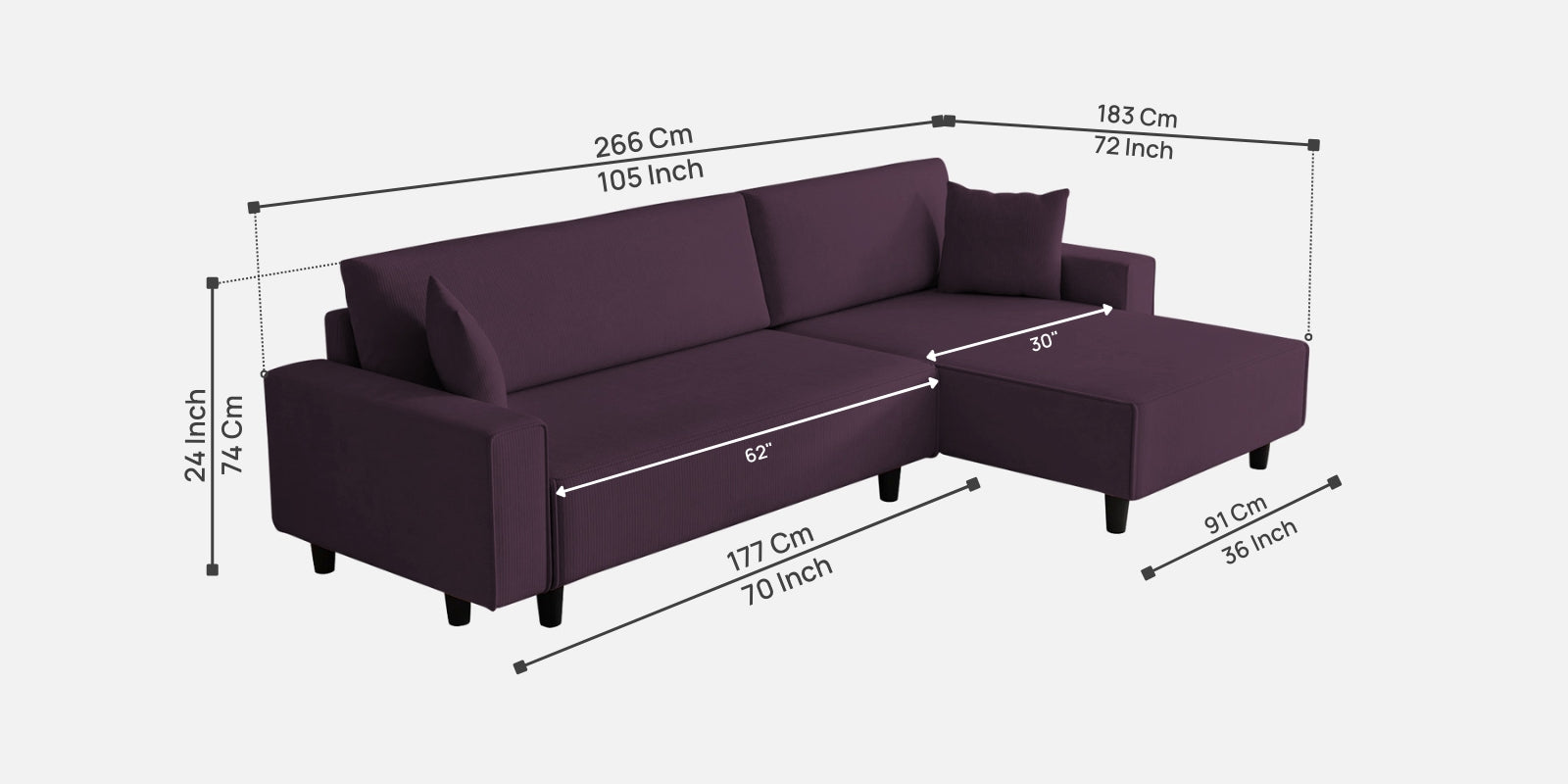 Peach Fabric RHS 6 Seater Sofa Cum Bed With Storage In Greek Purple Colour - Febonic Living