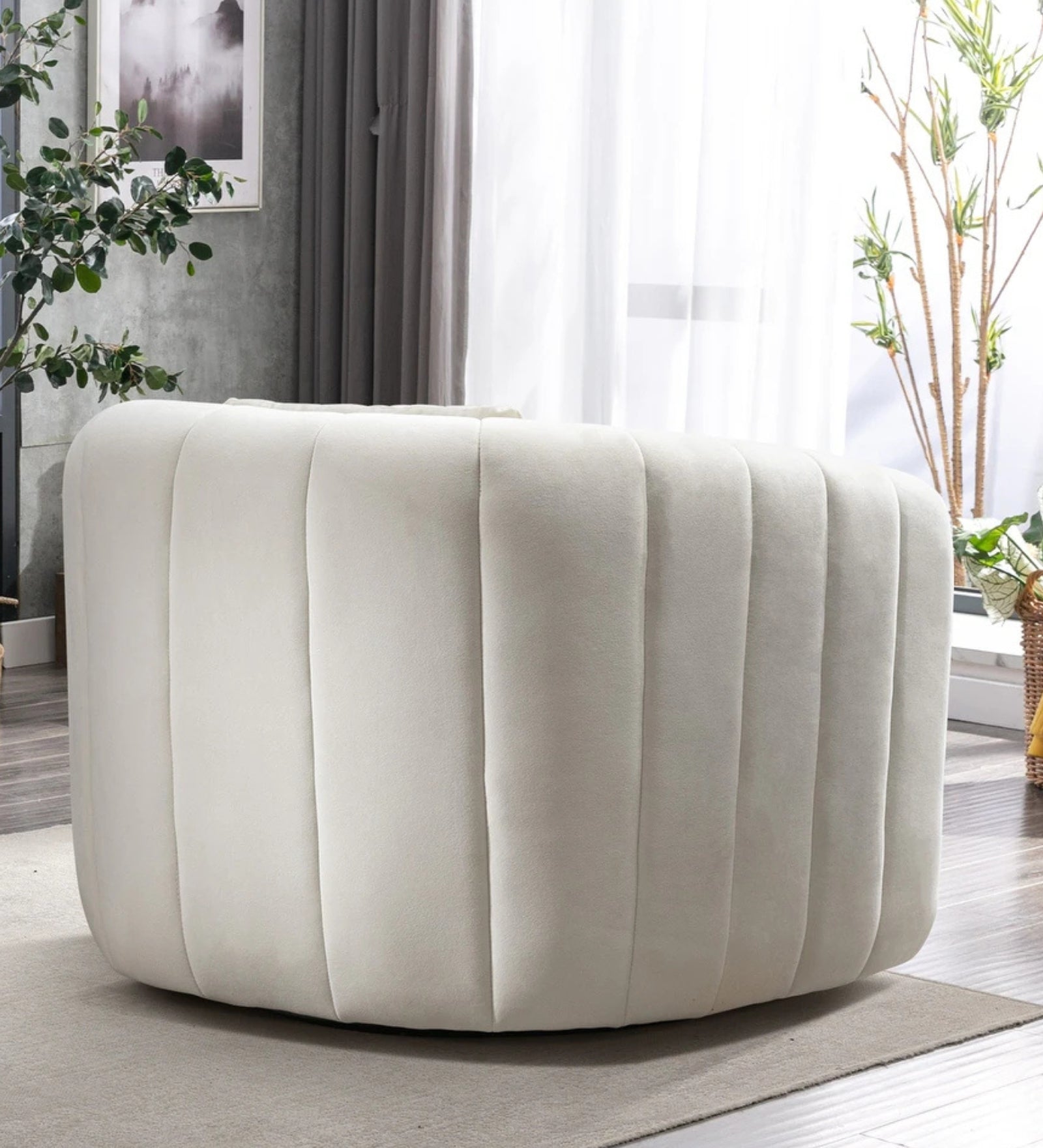 Oreo Velvet Swivel Chair in Warm White Colour