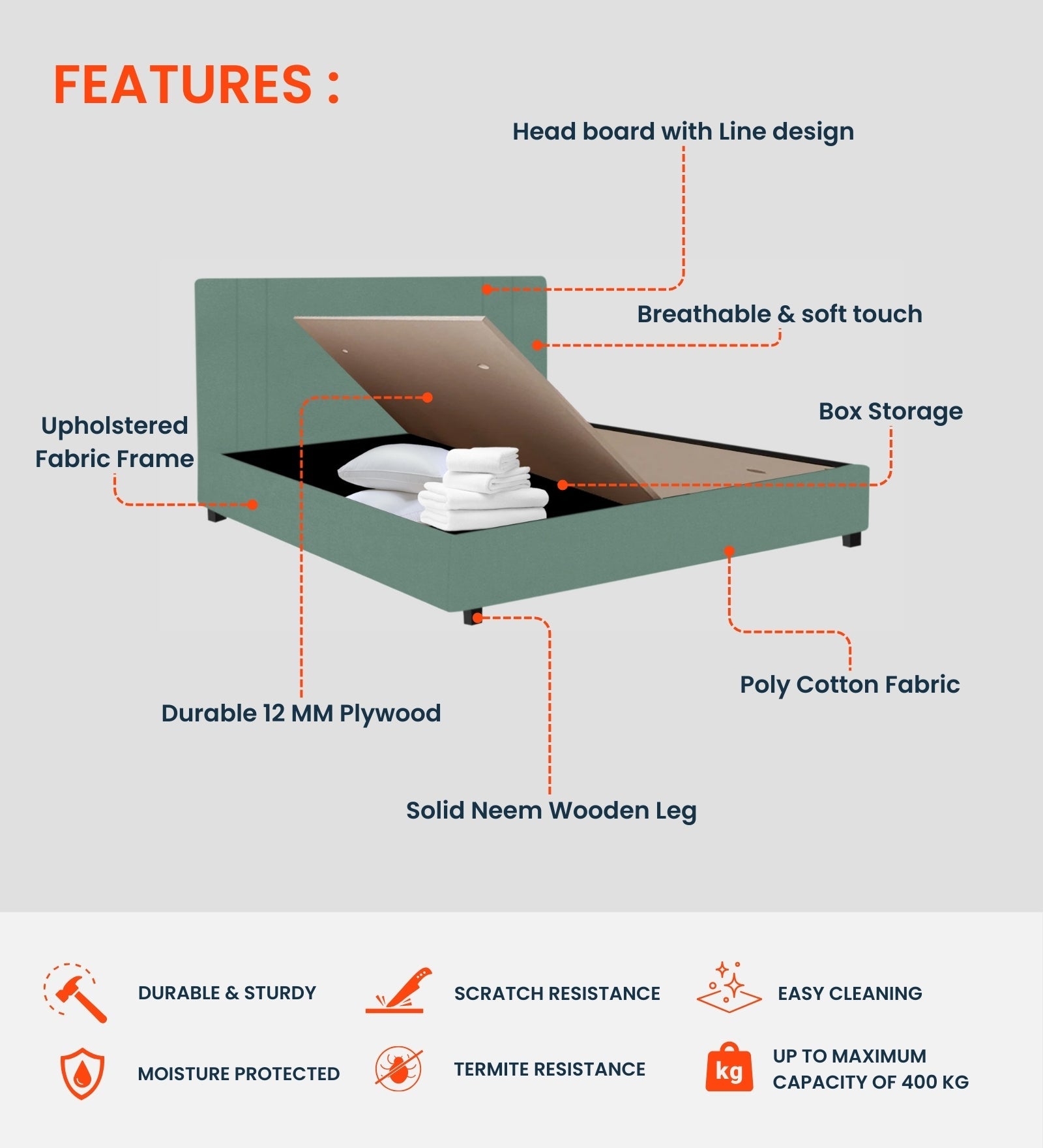 Asyra Velvet Queen Size Bed in Barmunda Aqua Colour With Box Storage - Febonic Living