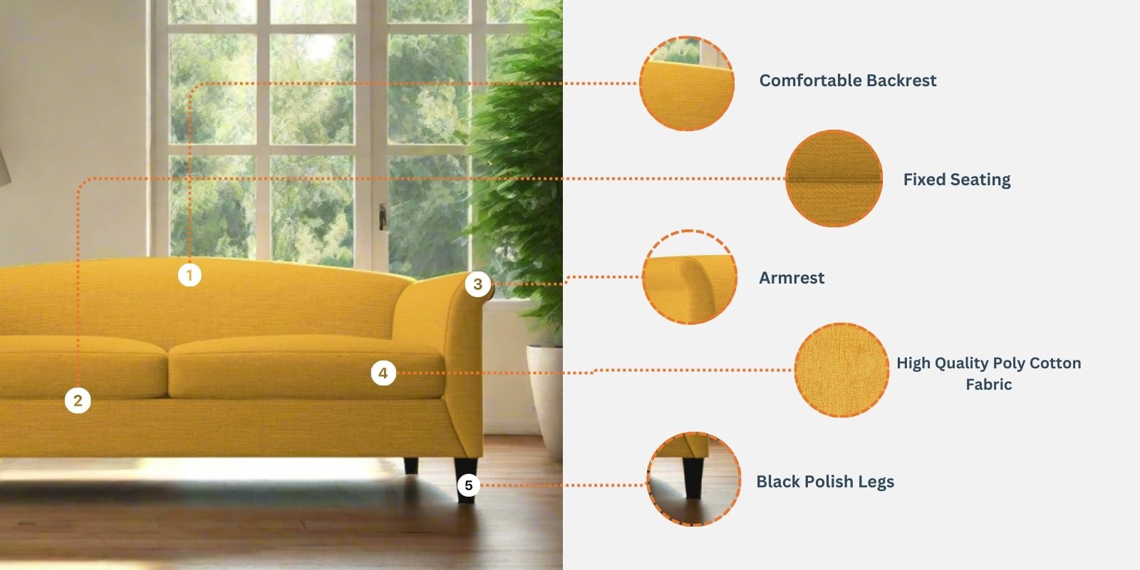 Kimber Fabric 3 Seater Sofa In Vivid Orange Colour - Febonic Living