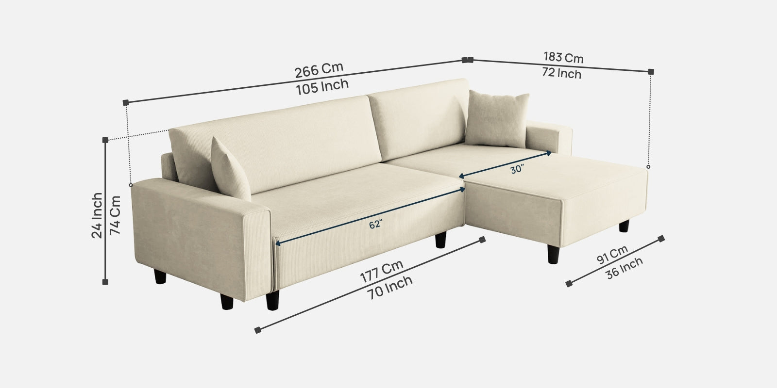 Peach Fabric RHS 6 Seater Sofa Cum Bed With Storage In Ivory Cream Colour - Febonic Living