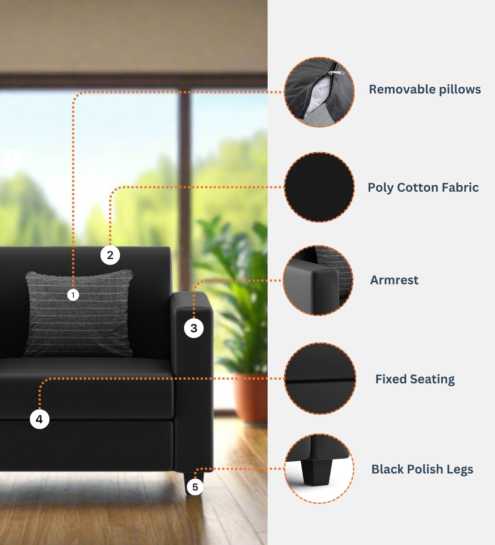 Baley Leatherette 1 Seater Sofa In Dark Black Colour - Febonic Living