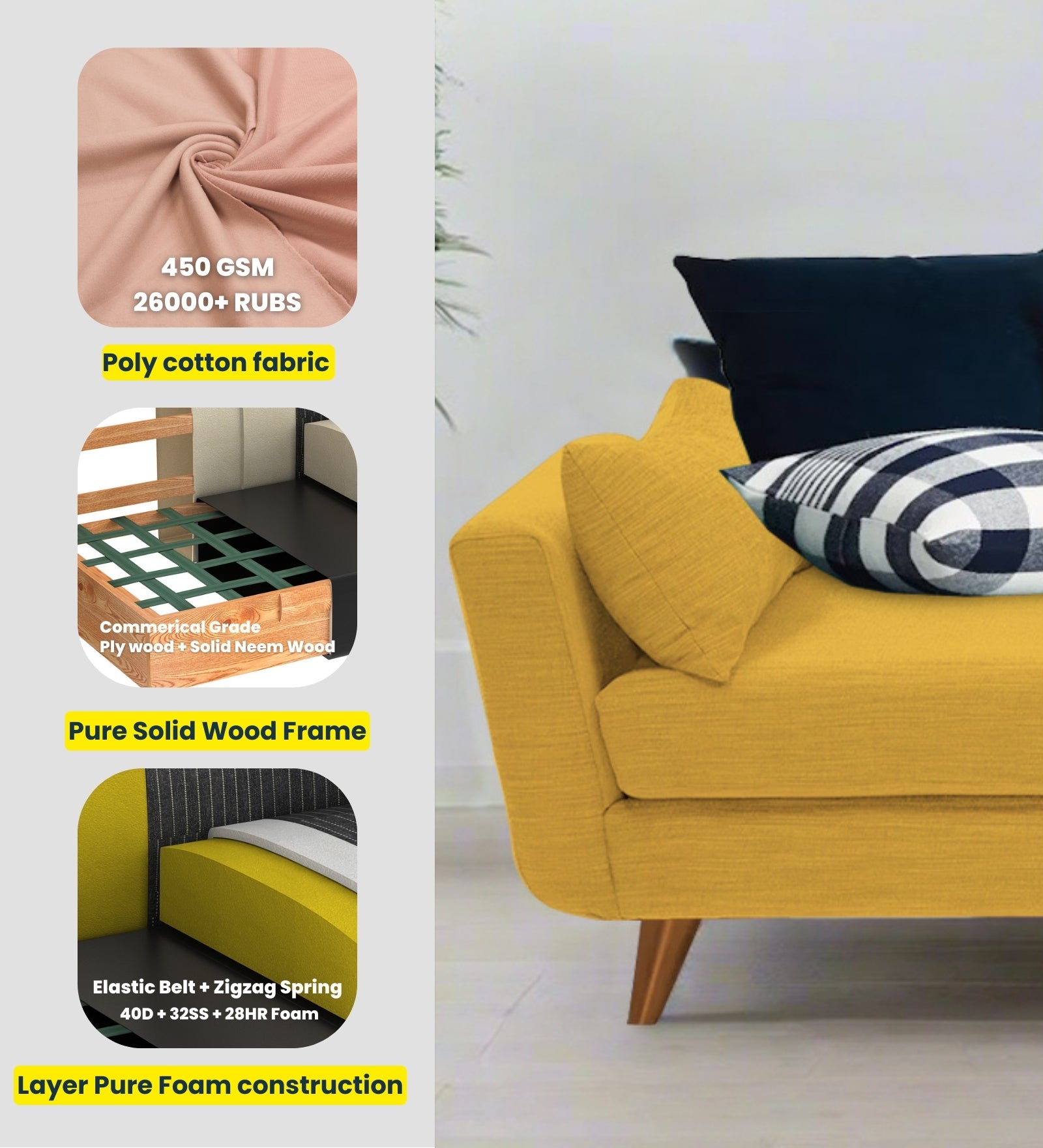 Jasmin Fabric Chaise Lounger In Bold Yellow Colour - Febonic Living