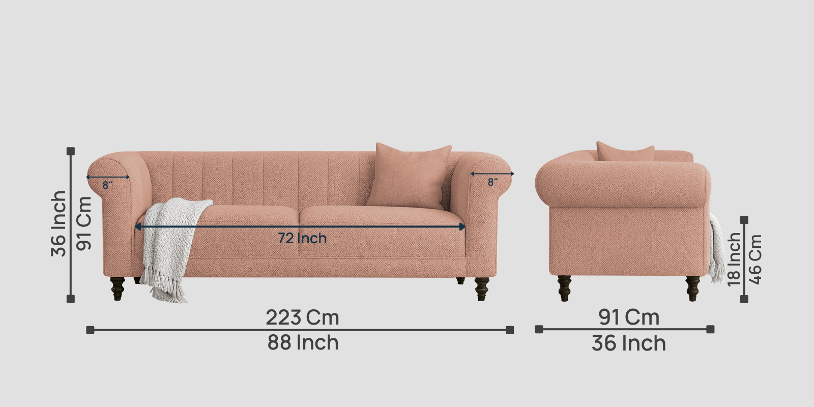 Sahara Fabric 3 Seater Sofa In Maple Pink Colour - Febonic Living