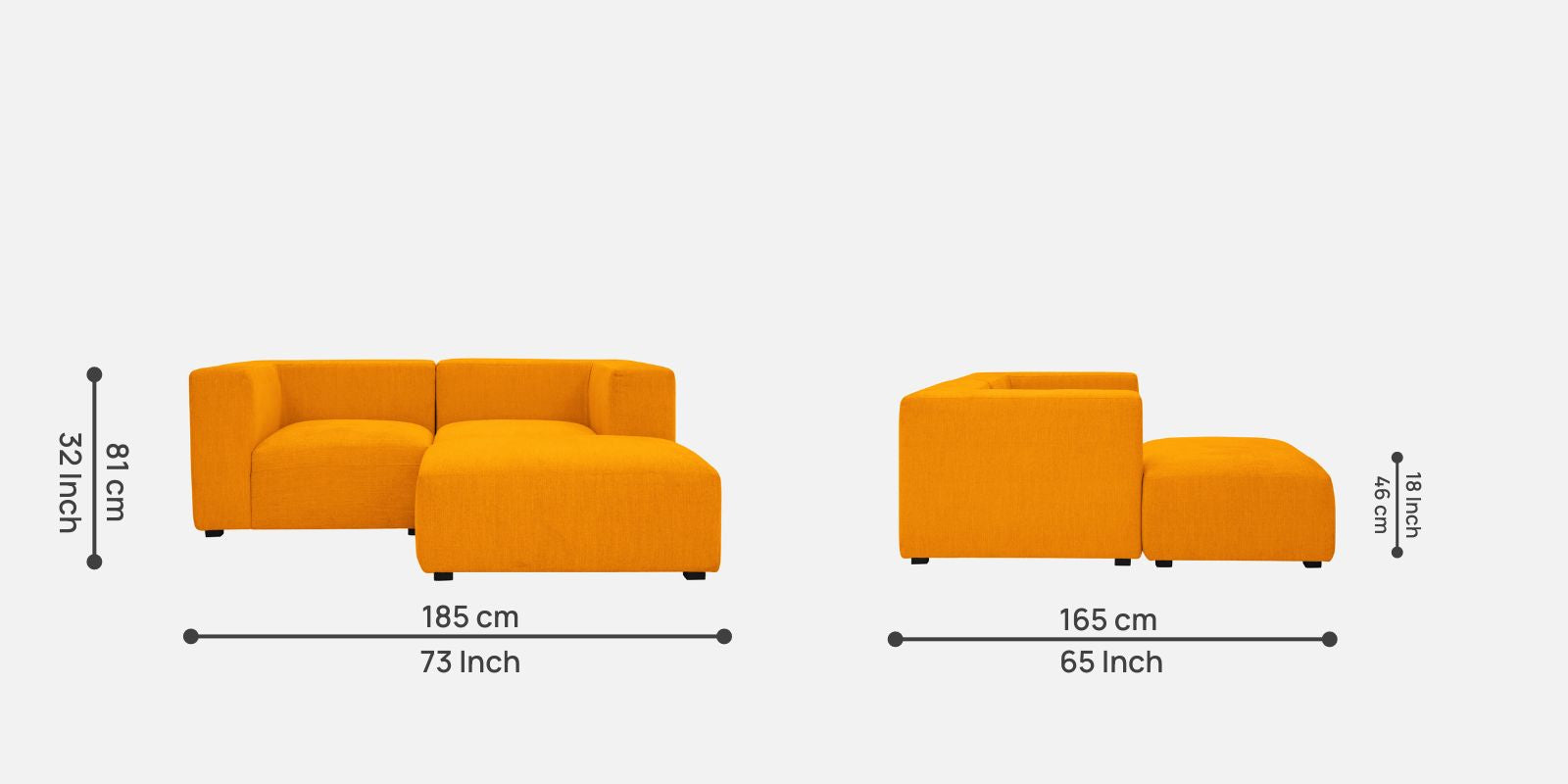 Dora Velvet LHS Sectional Sofa (2+Ottoman Lounger) In Saffron Yellow Colour - Febonic Living
