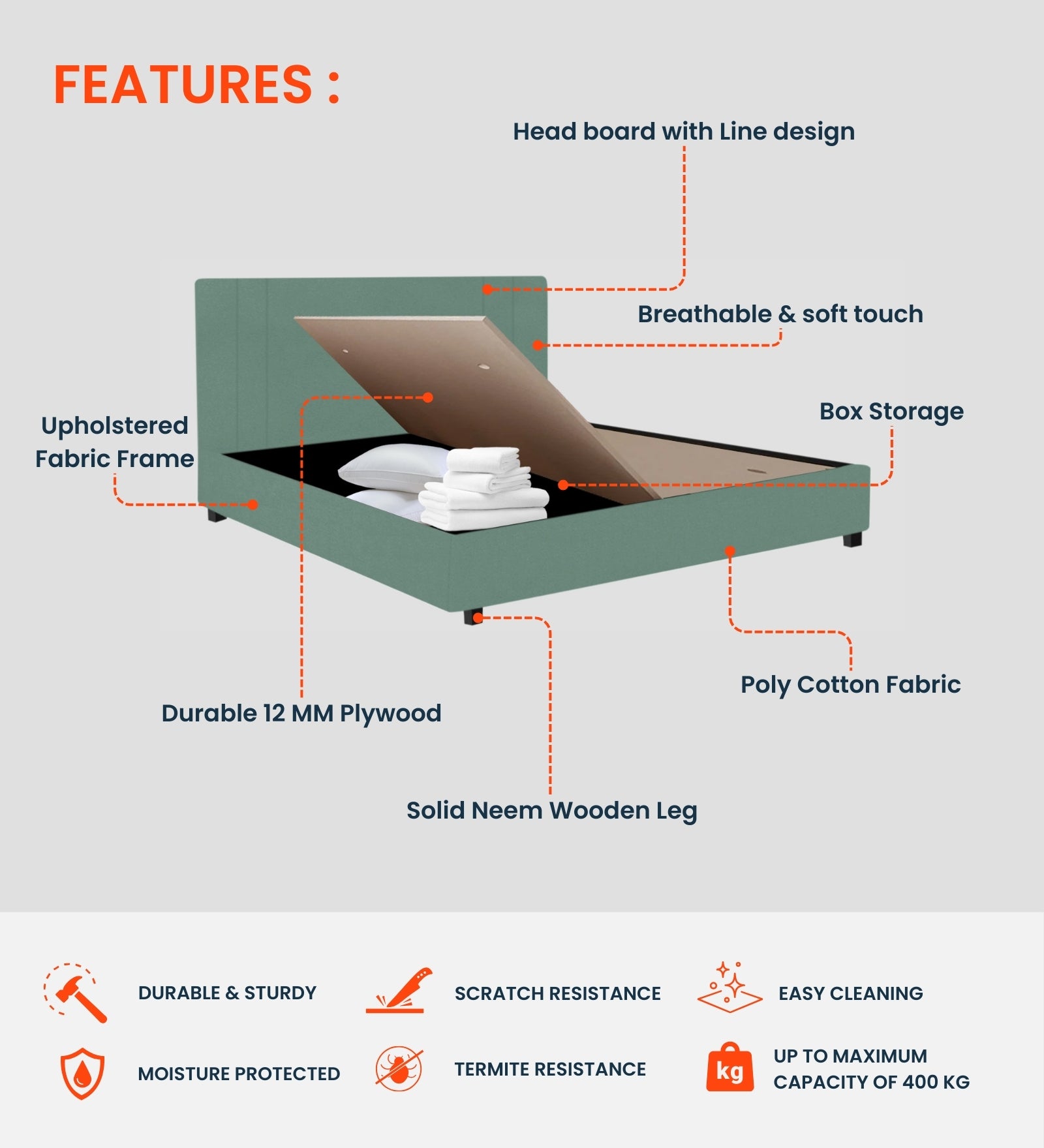 Asyra Velvet Queen Size Bed in Concrete Grey Colour With Box Storage - Febonic Living