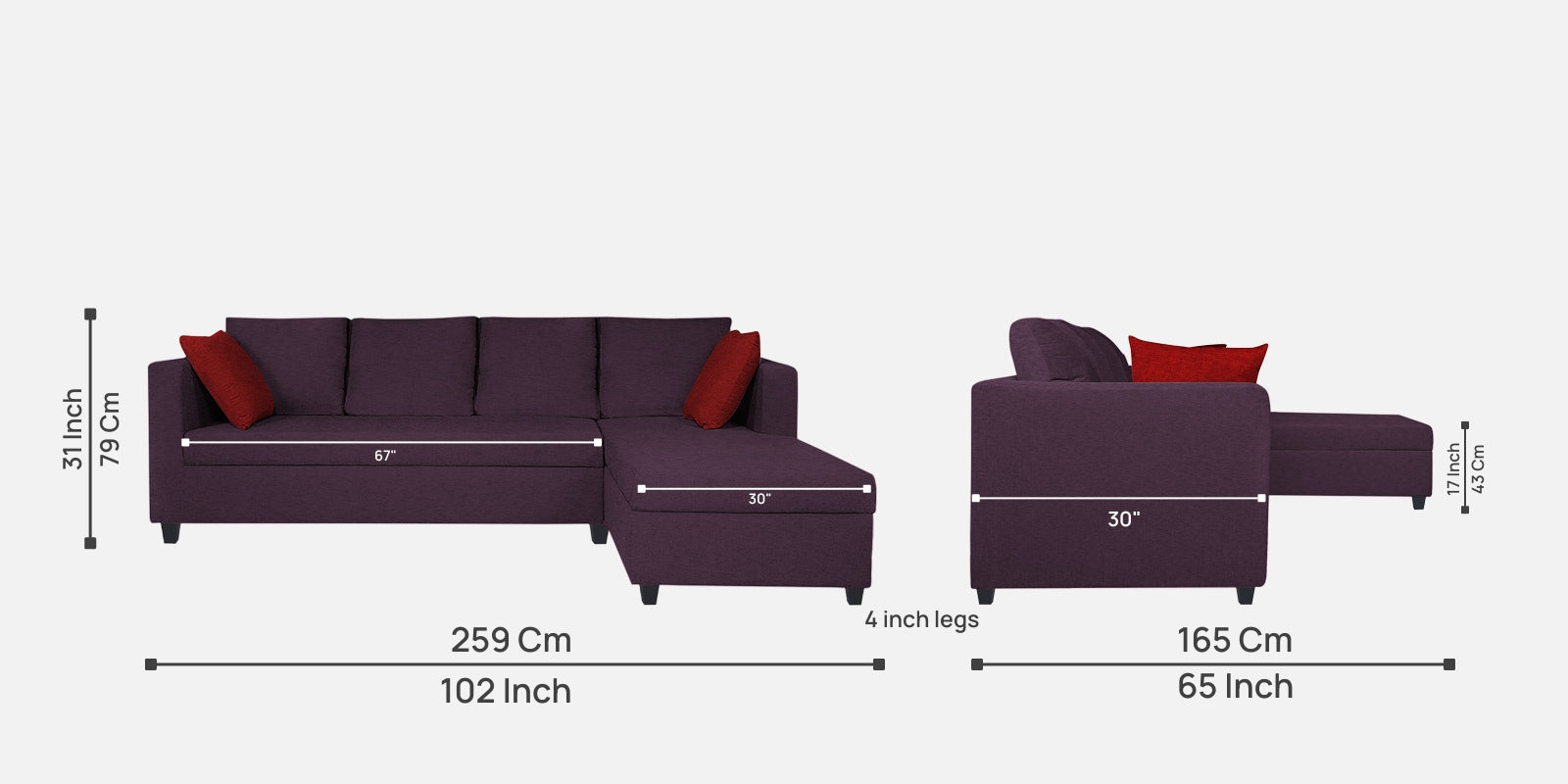 Nebula Fabric LHS Sectional Sofa (3+Lounger) In Greek Purple Colour - Febonic Living