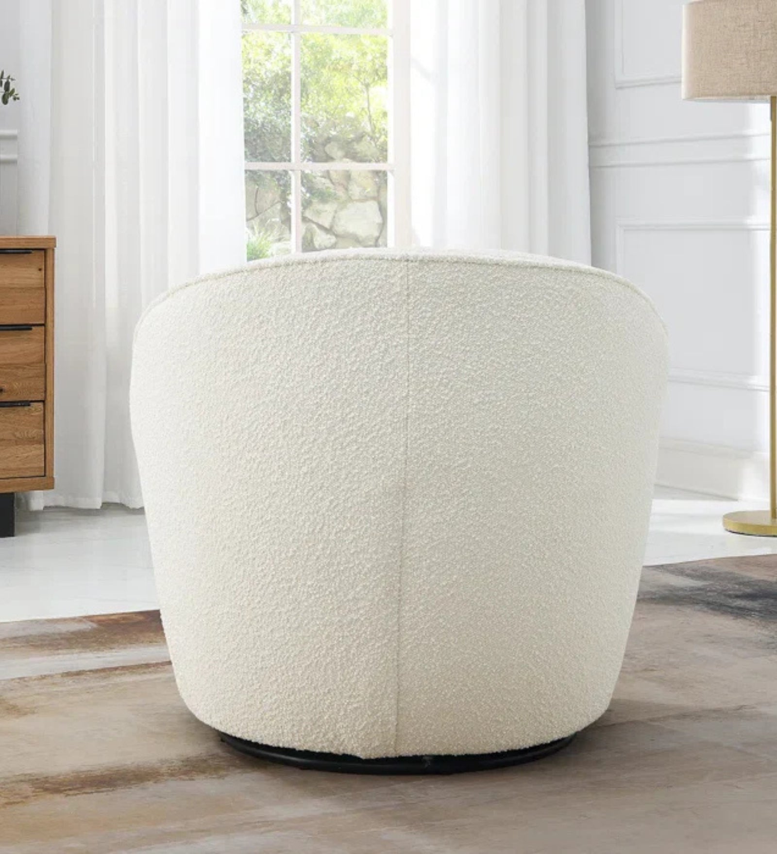 Hank Boucle Fabric Swivel Chair in Shell White Colour