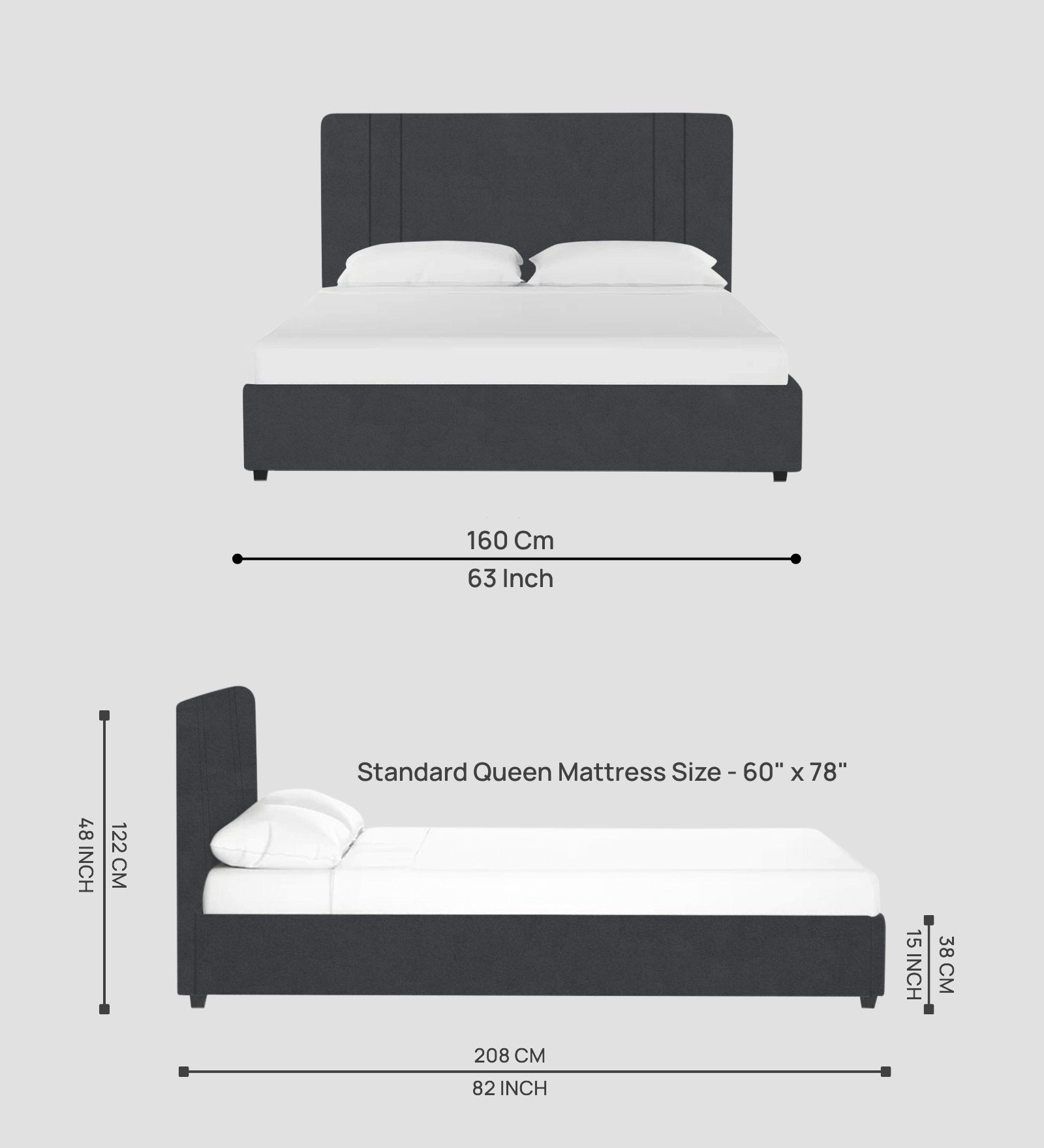 Asyra Velvet Queen Size Bed in Davy Grey Colour With Box Storage - Febonic Living