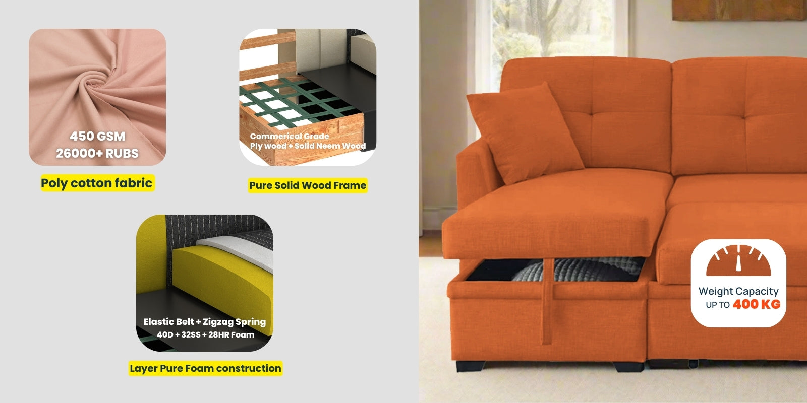 Jody Fabric 3 Seater Pull Out Sofa Cum Bed In Lit Grey Colour With Storage - Febonic Living