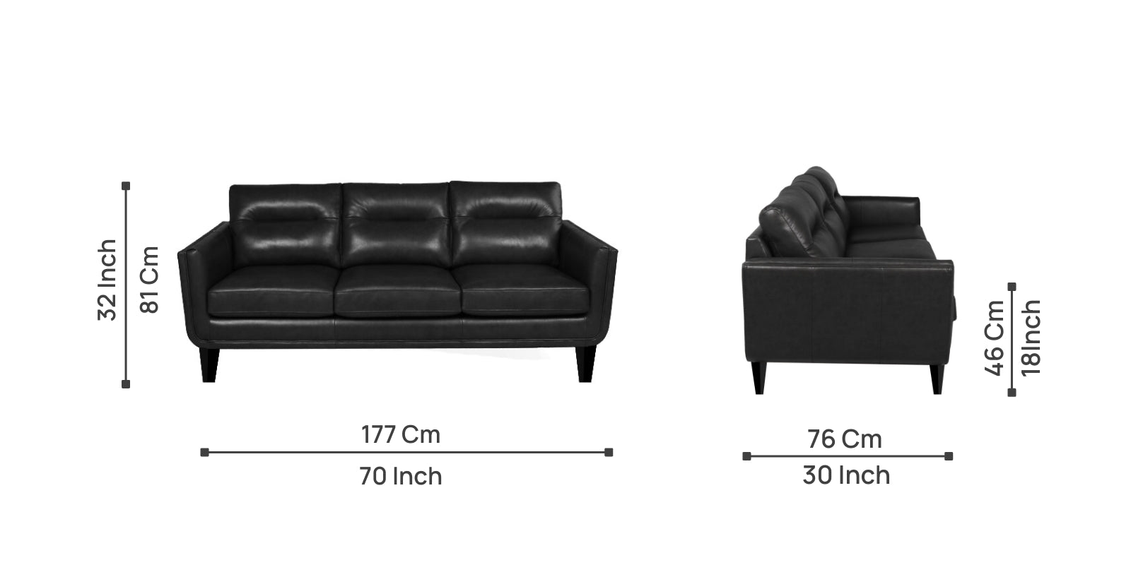 Kiko Leatherette 3 Seater Sofa In Lama Black Colour - Febonic Living