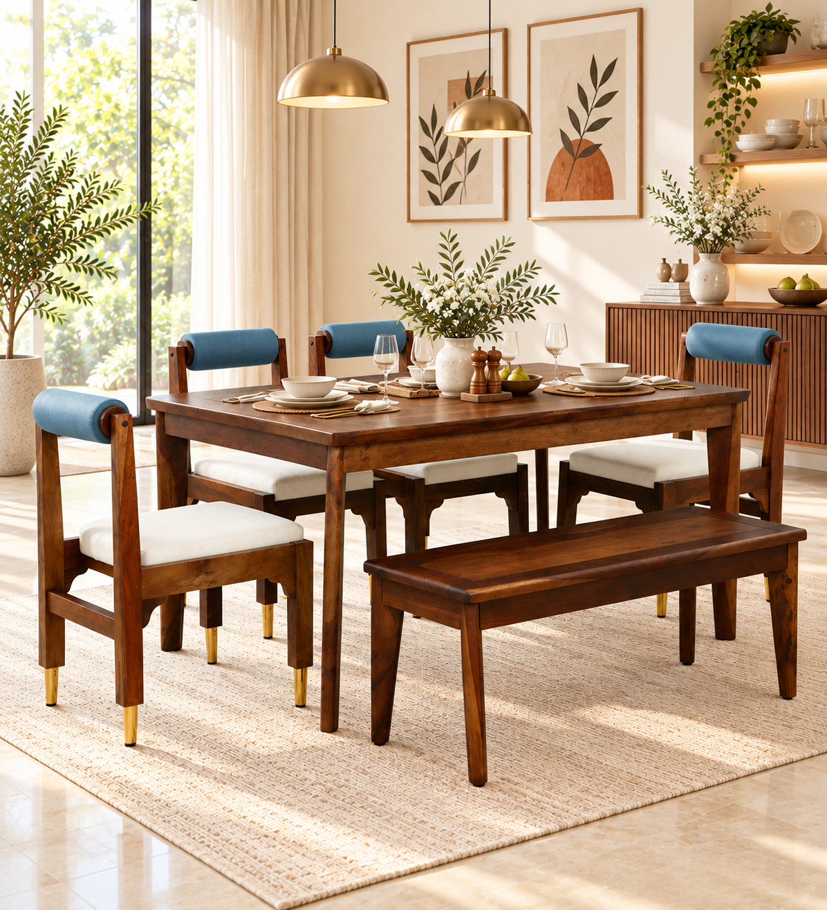 Aarika Sheesham Wood 6 Seater Dining Set With Bench