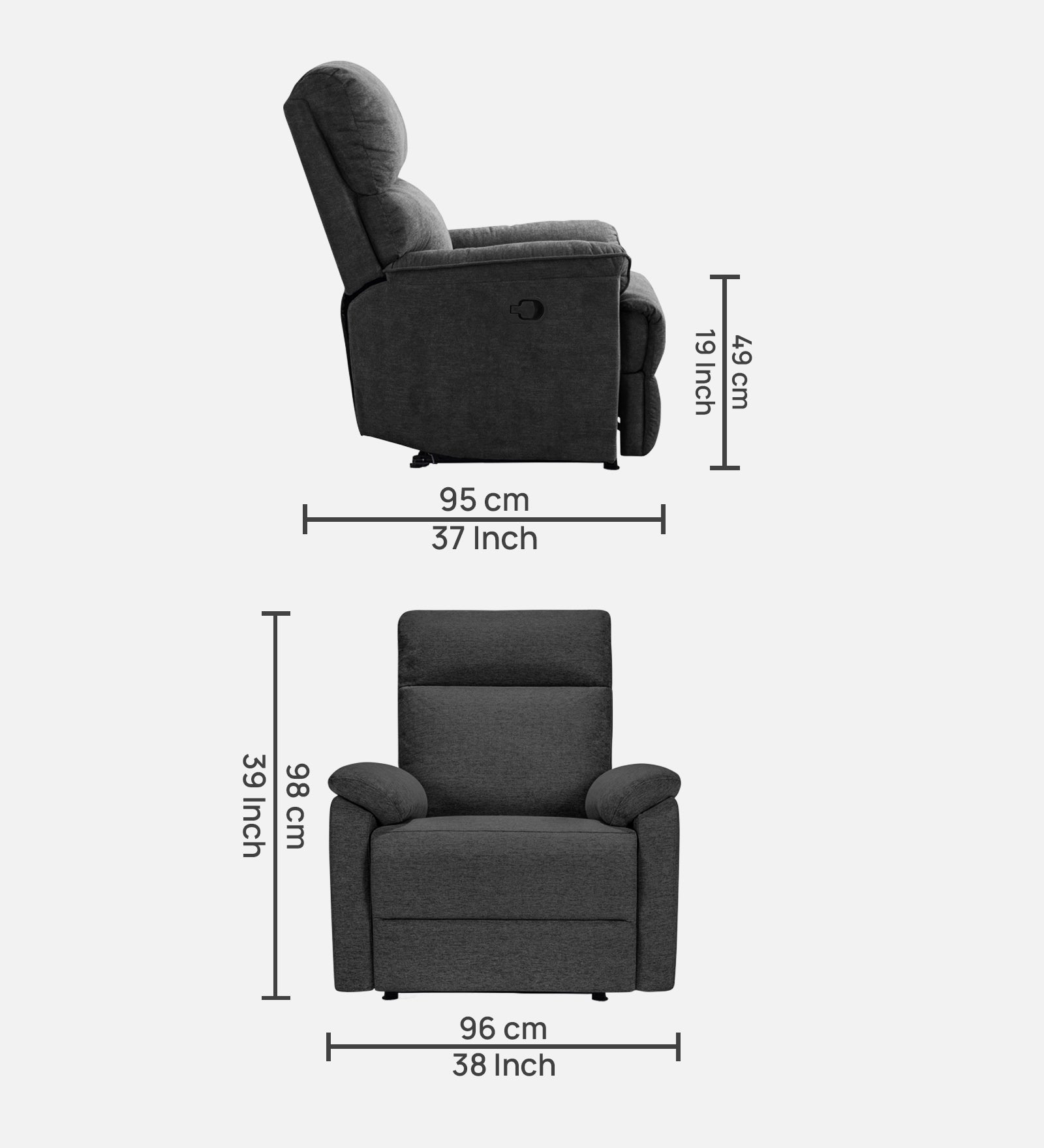 Abby Fabric 1 Seater Motorized Recliner In Charcoal Grey Colour - Dimensions by Febonic Living