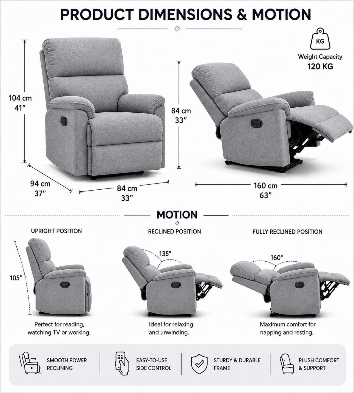 Abby Fabric 1 Seater Motorized Recliner In Lit Grey Colour - Dimensions by Febonic Living