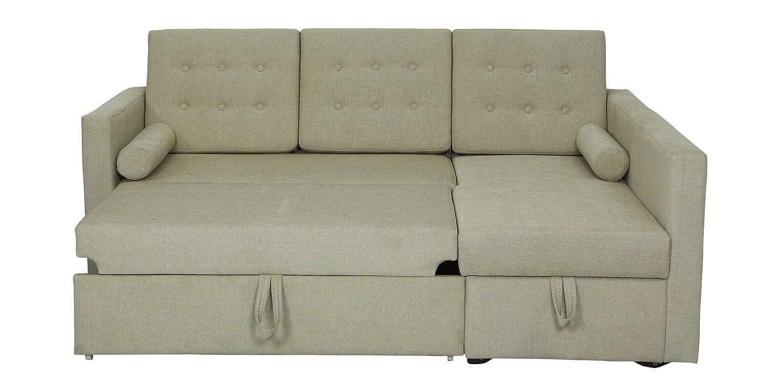 Ace Fabric 3 Seater Pull Out Sofa Cum Bed In Ivory Cream Colour With Storage front view - Febonic Living
