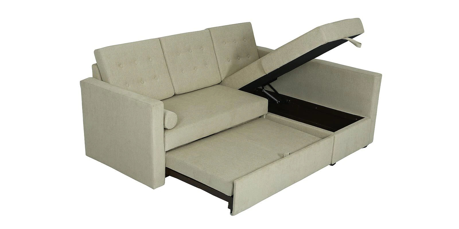 Ace Fabric 3 Seater Pull Out Sofa Cum Bed In Ivory Cream Colour showing open Storage - Febonic Living