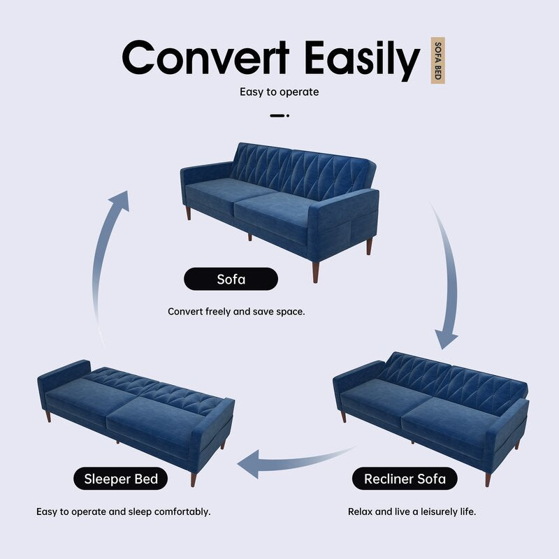 Luster Velvet 3 Seater Convertible Sofa Cum Bed In Imperial Blue Colour - Febonic Living
