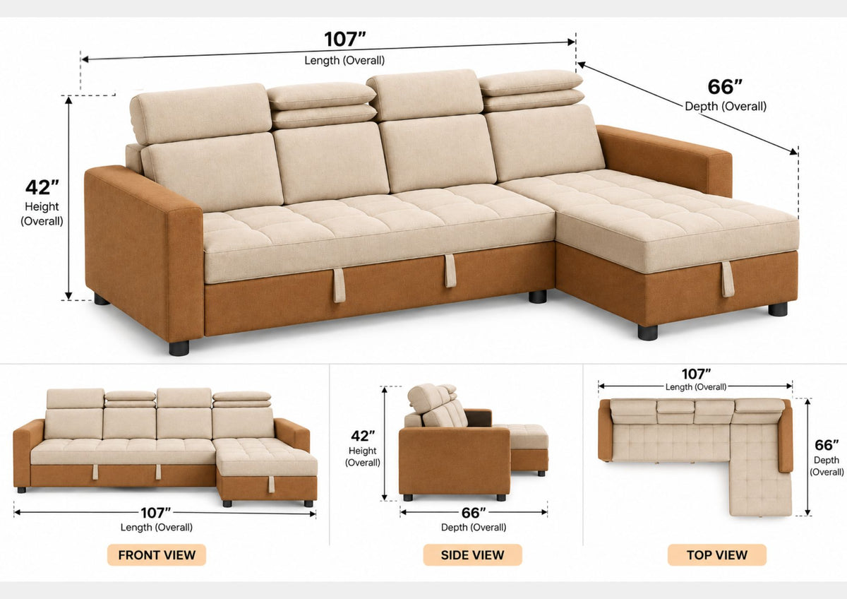 Alba L Shaped Sofa Cum Bed with Storage Lounger – Tan Beige