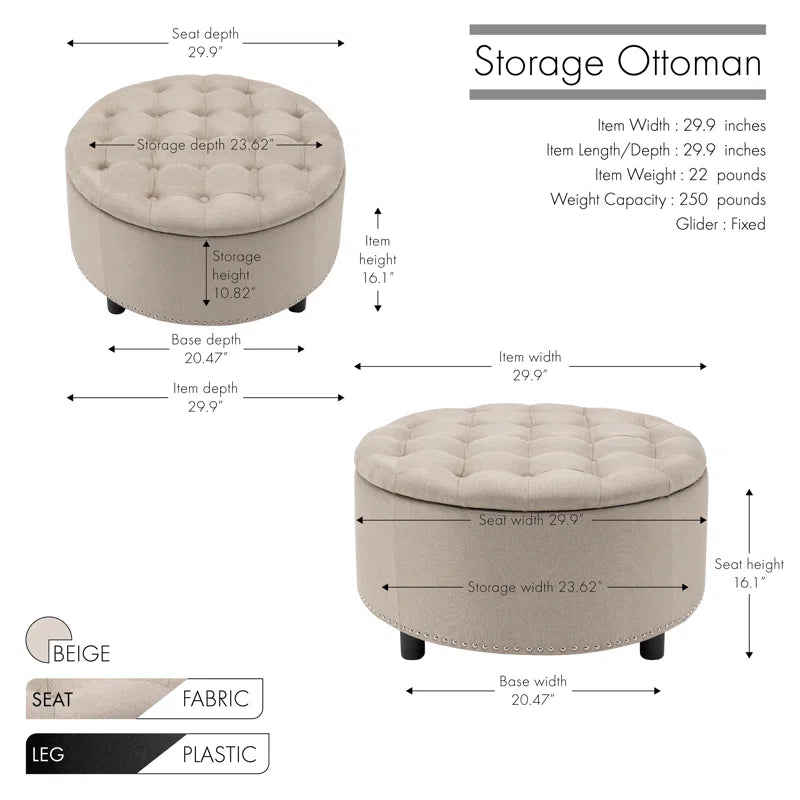 Fleety Fabric Ottoman In Ivory Cream Colour With Storage - Febonic Living