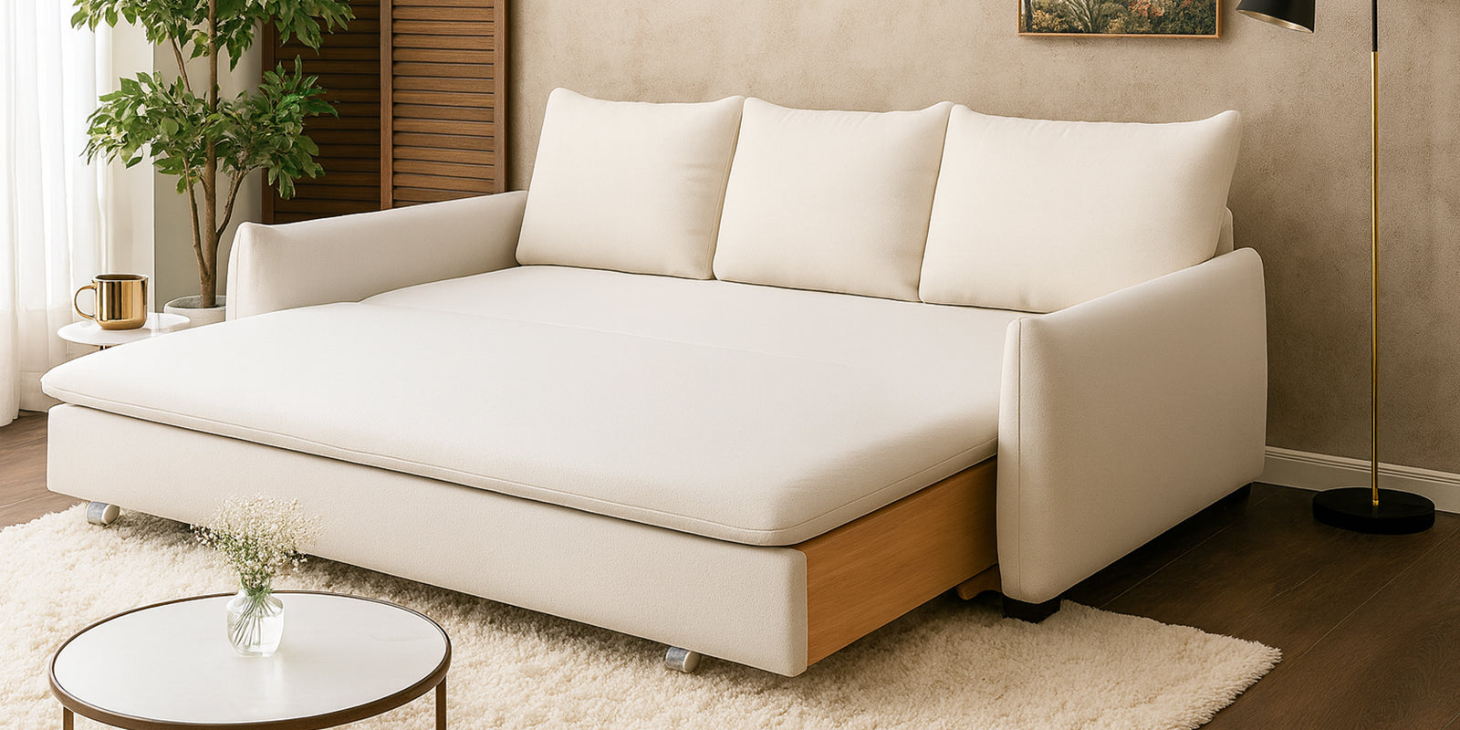 Allison Fabric 3 Seater Pull Out Sofa Cum Bed In Shell White Colour