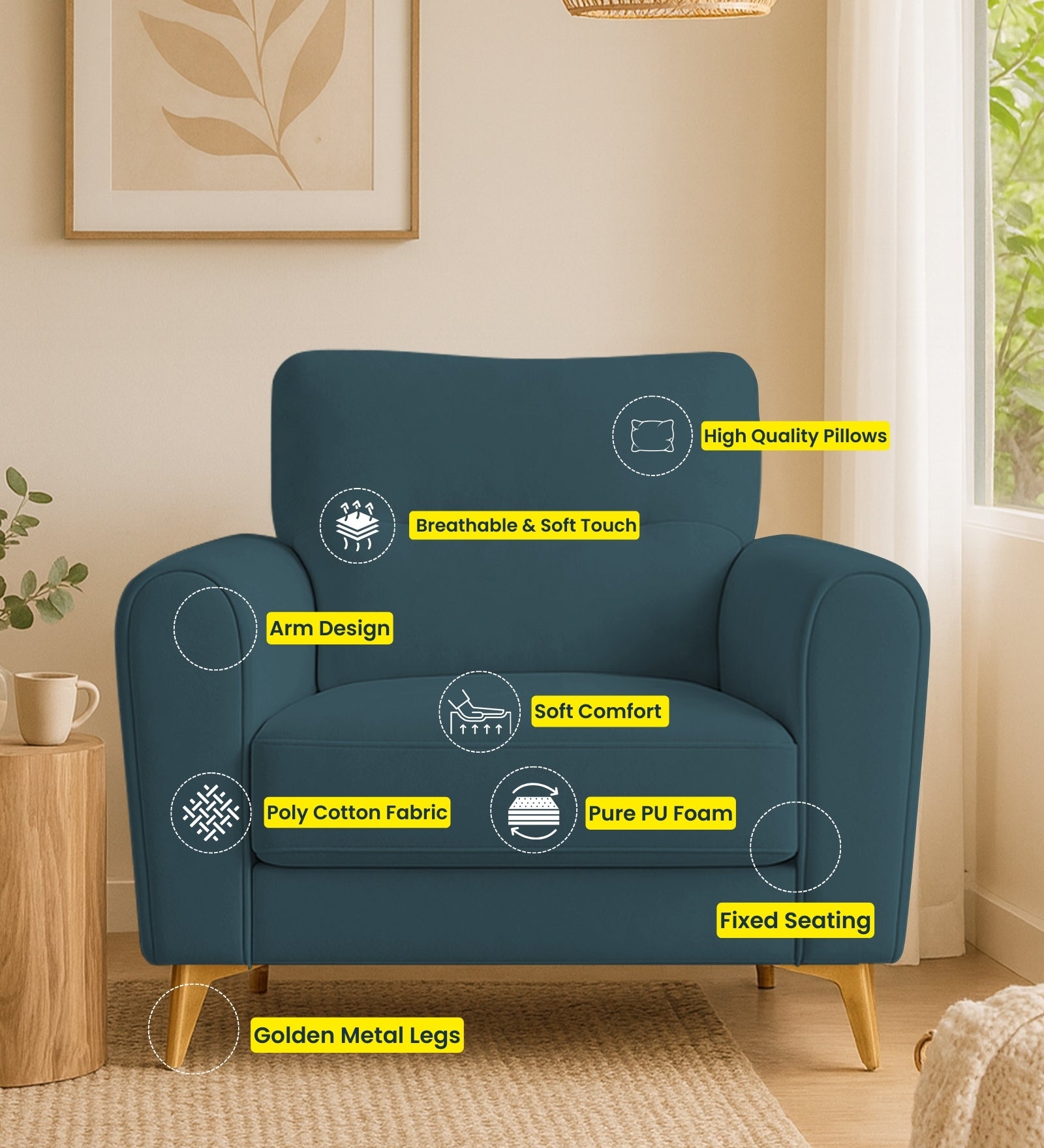 Alpine Fabric 1 Seater Sofa In Sea Blue Colour
