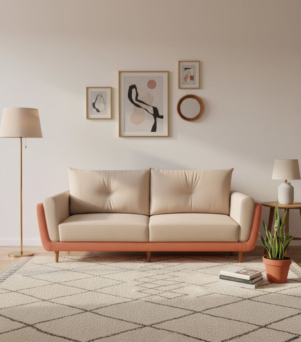 Morry Dual Fabric 3 Seater Sofa In Camel And Carmel Beige Colour