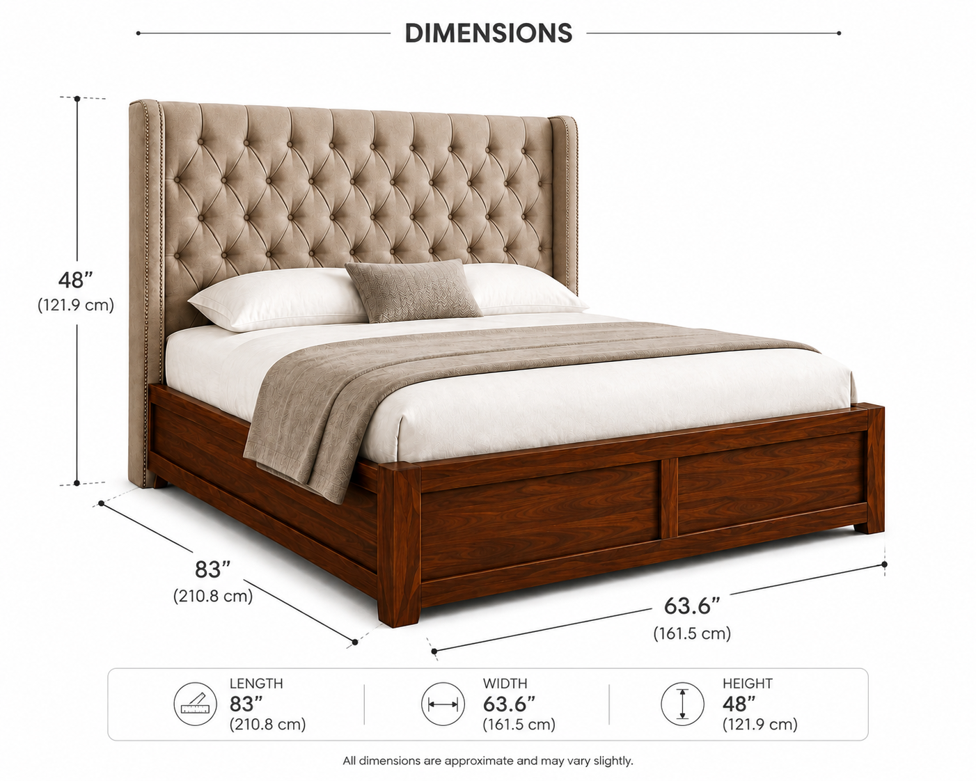 Arden Chesterfield Solid Wood Queen Size Bed with Fabric Headboard - Beige - Dimensions by Febonic Living