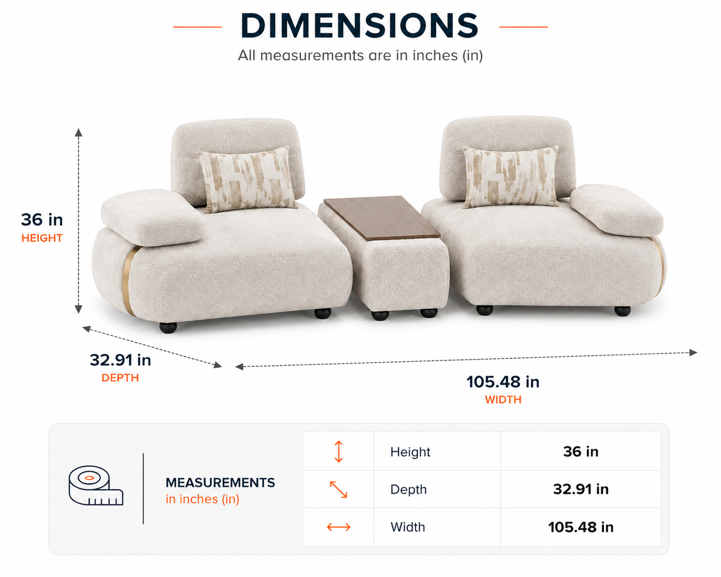 Aria Boucle 3 Seater Lounge Sofa with Walnut Center Table - Cream Beige - Dimensions by Febonic Living