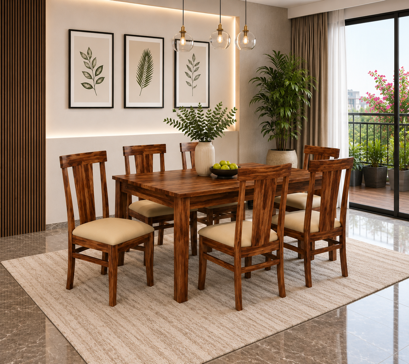 Aspen Solid Sheesham Wood 6 Seater Dining Table Set - Walnut Finish - Living View by Febonic Living
