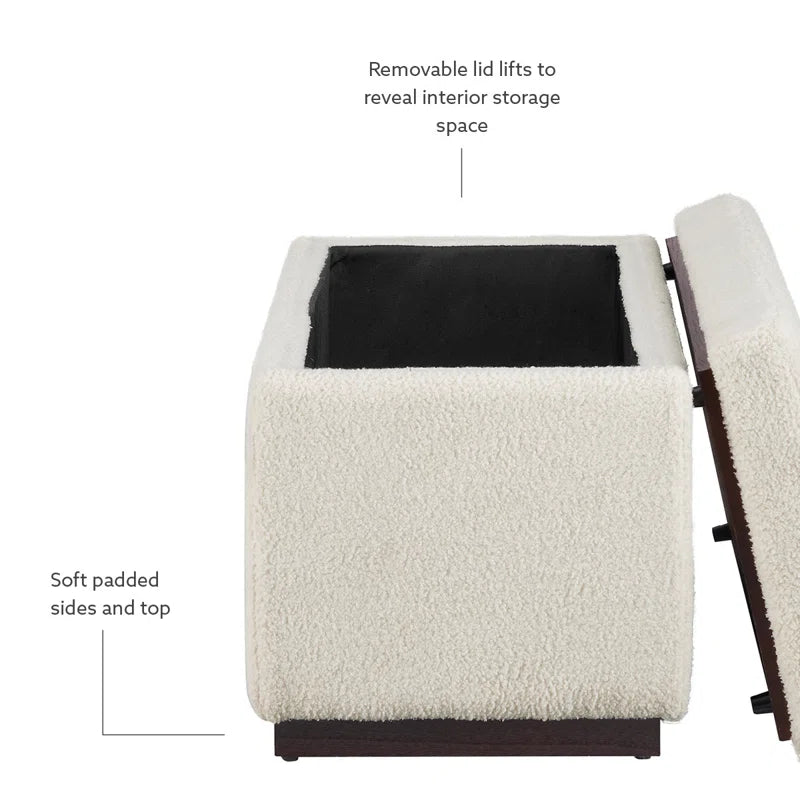 Reju Boucle Fabric Ottoman In Bright White Colour With Storage - Febonic Living