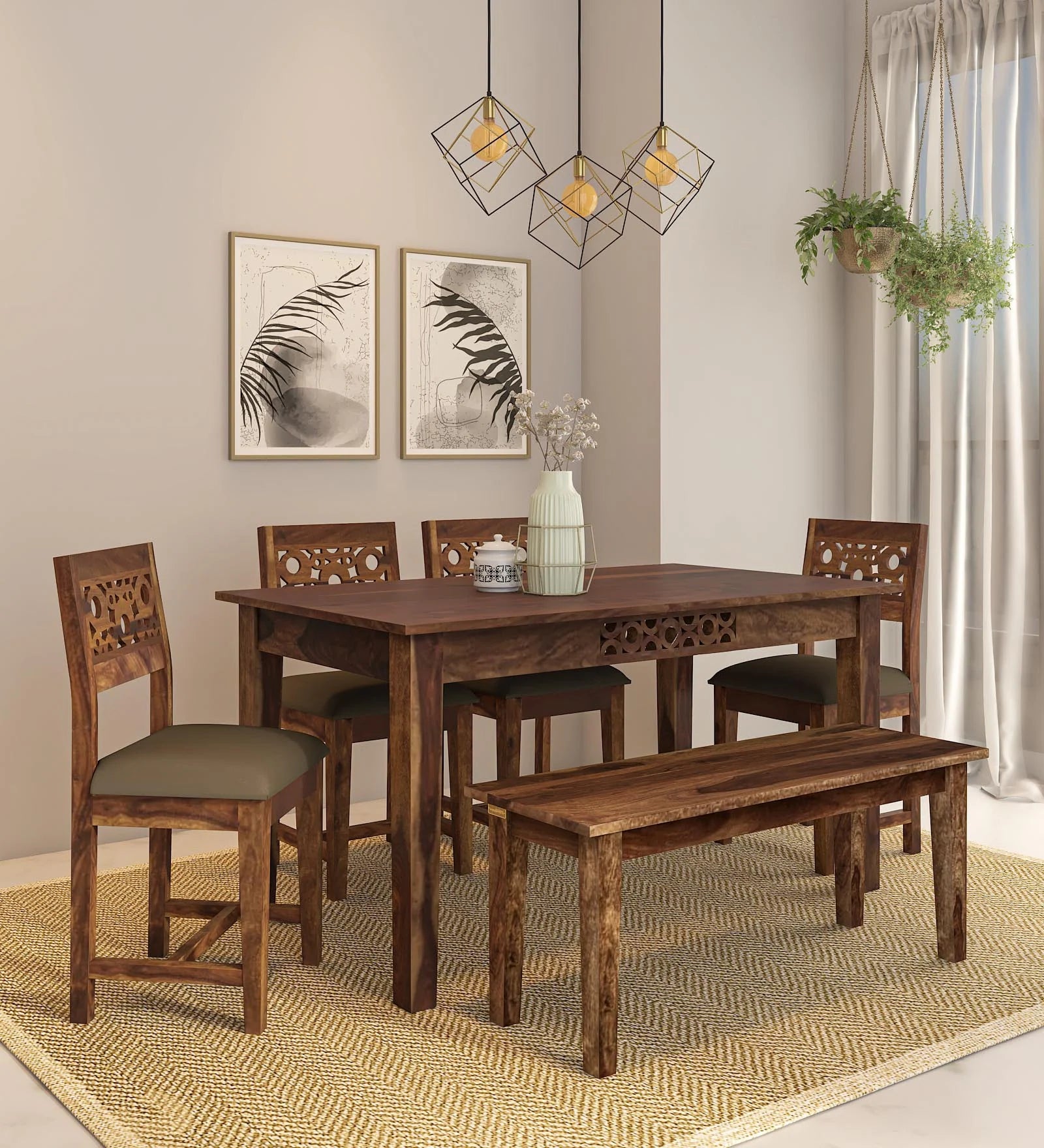 Dohaq Sheesham Wood 6 Seater Dining Set in Scratch Resistant Provincial Teak Finish With Bench - Febonic Living