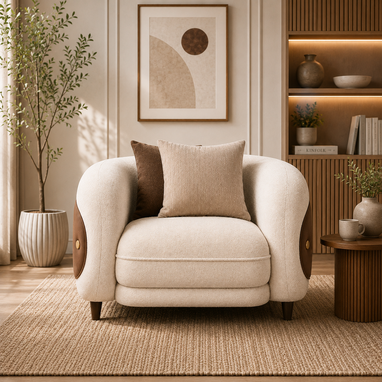 Aurevane Sculpted 1 Seater Fabric Sofa with Leatherette Cladding - Ivory Cream & Brown - Living View 1 by Febonic Living