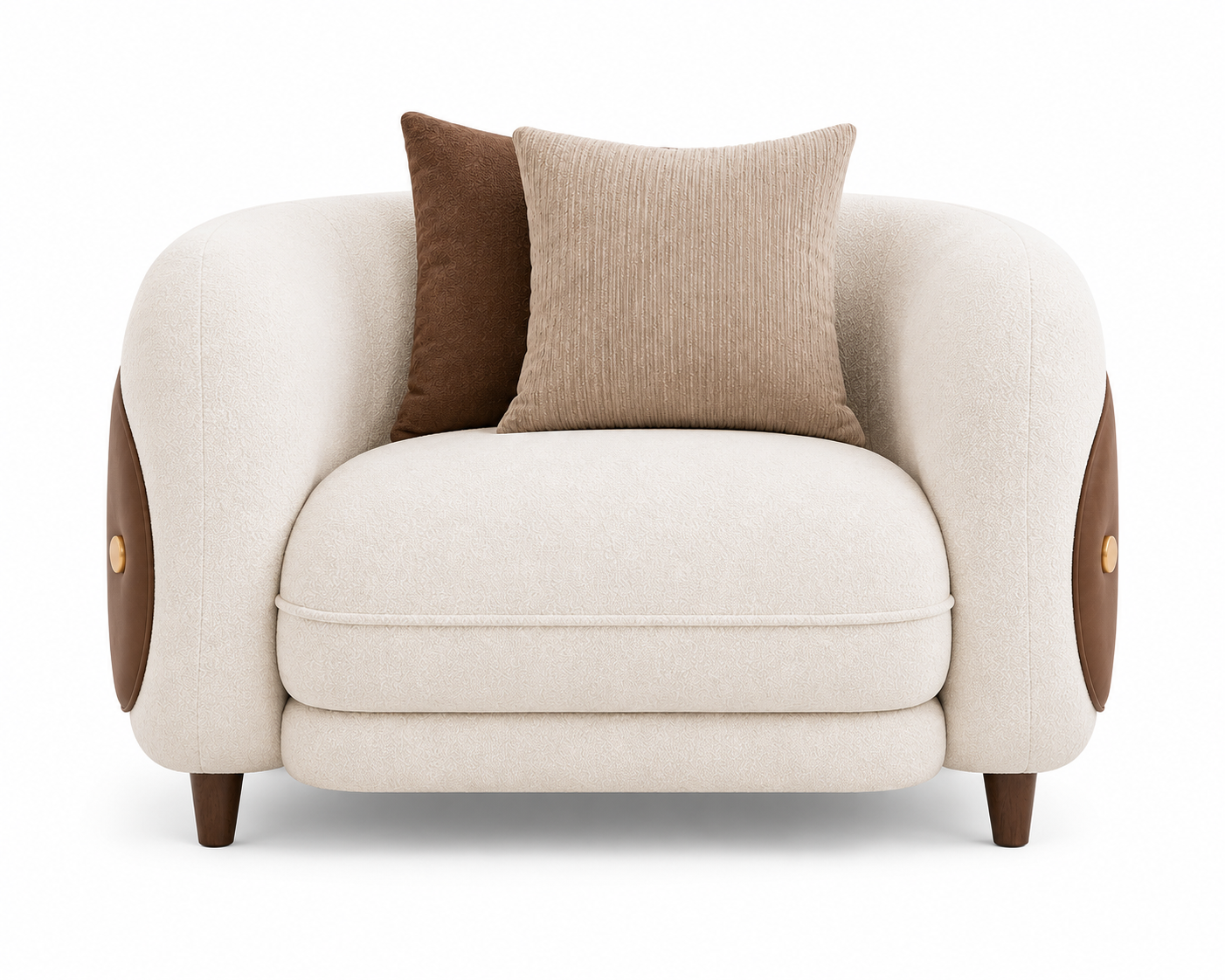Aurevane Sculpted 1 Seater Fabric Sofa with Leatherette Cladding - Ivory Cream & Brown - Front View by Febonic Living