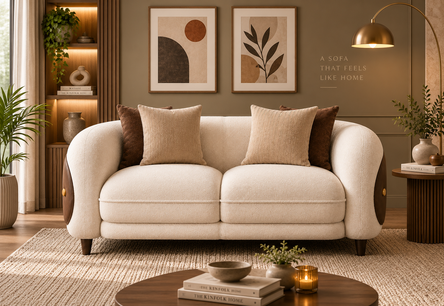 Aurevane Sculpted 2 Seater Fabric Sofa with Leatherette Cladding - Ivory Cream & Brown - Living View 1 by Febonic Living