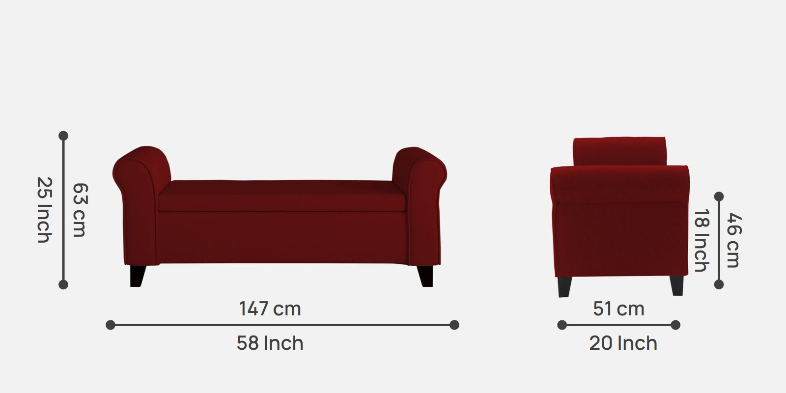 Molo Fabric 3 Seater Recamier In Blood Maroon Colour With Storage - Febonic Living