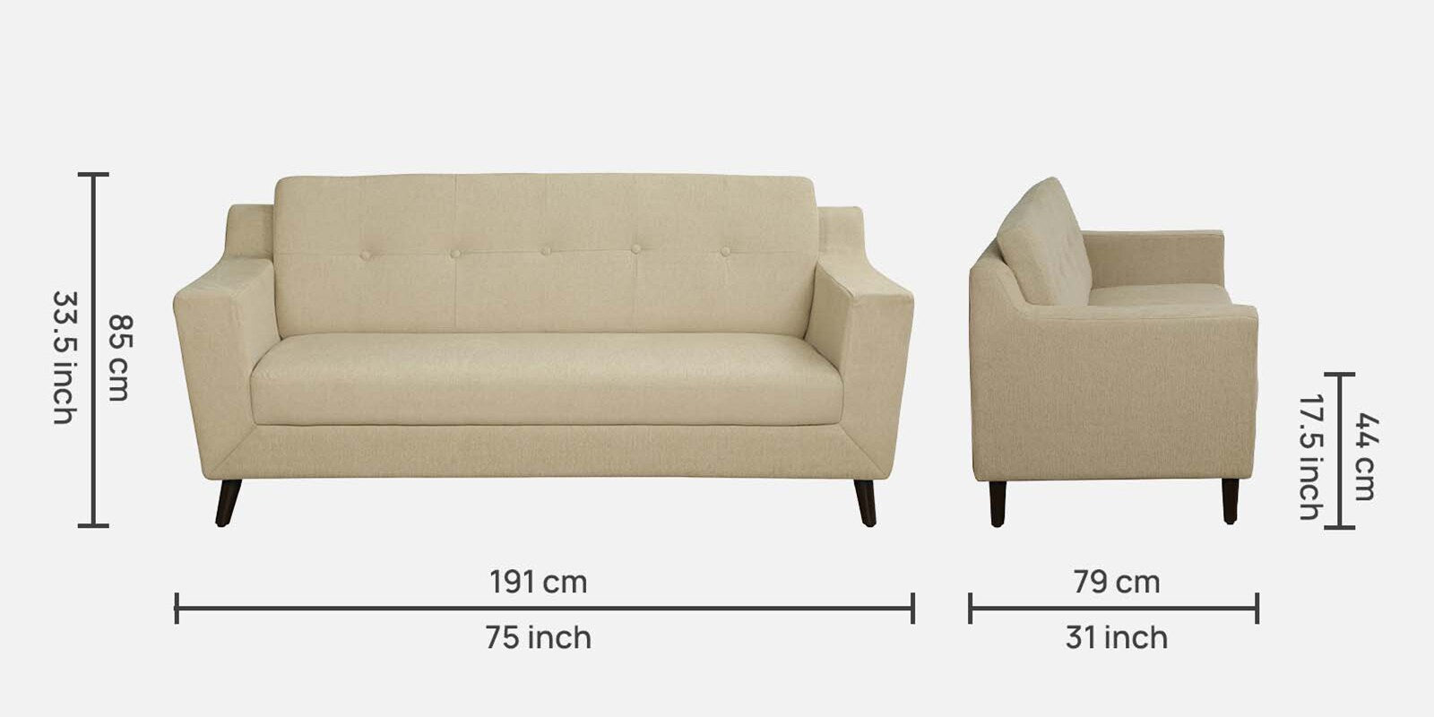 Barmoda Fabric 3 Seater Sofa In Ivory Cream Colour