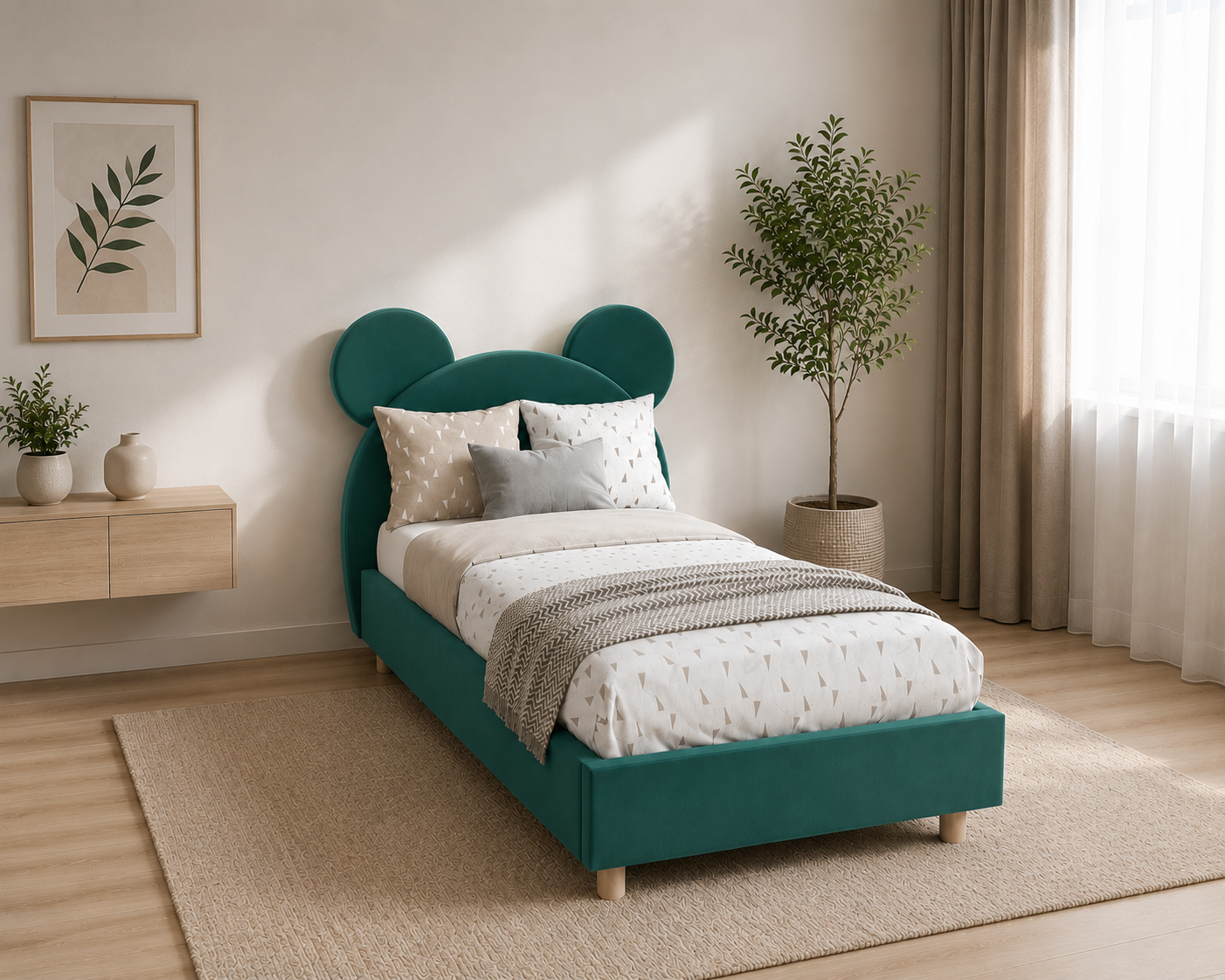Bear Upholstered Kids Bed Without Storage - Deep Teal - Bedroom View 1 by Febonic Living