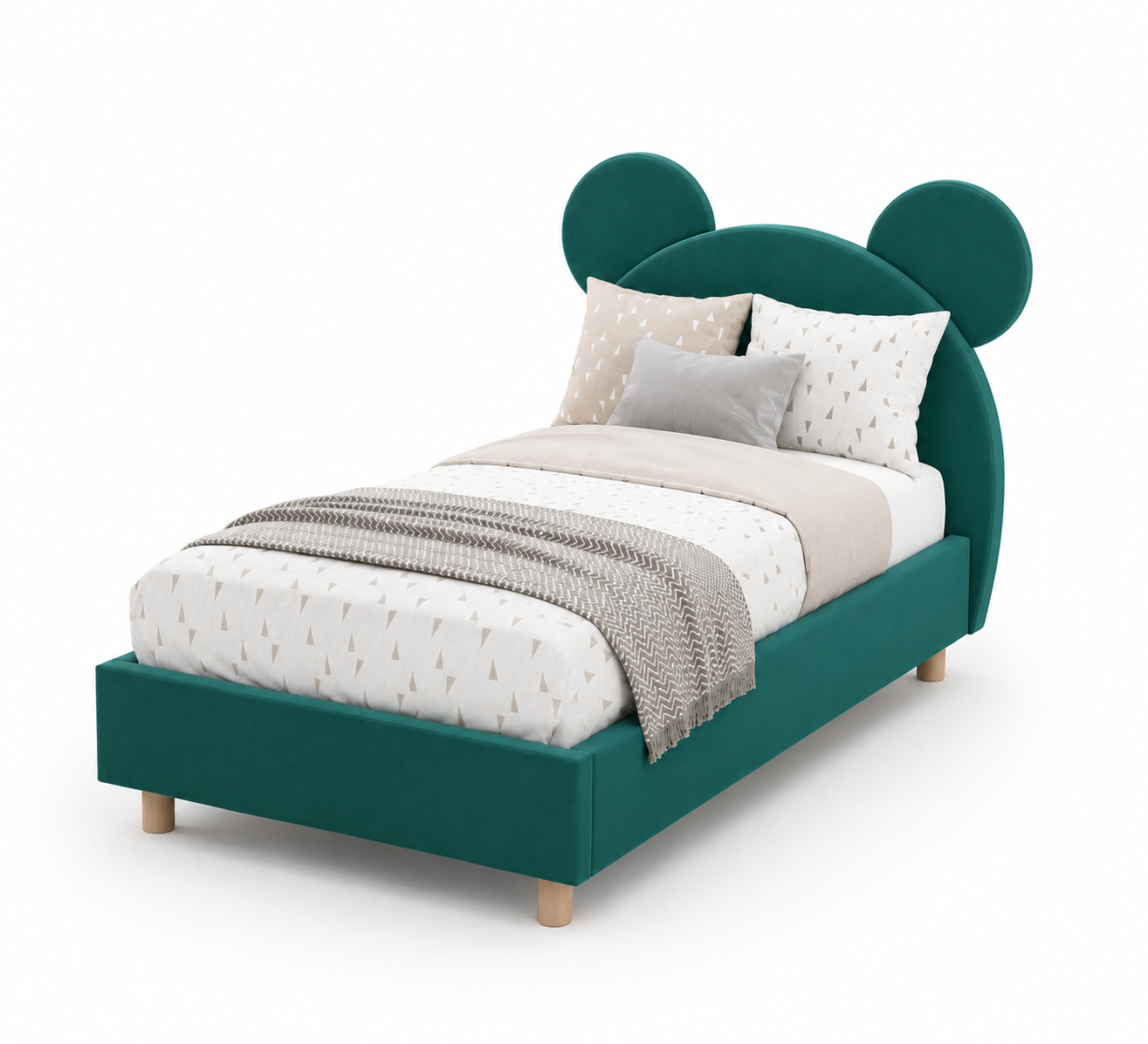 Bear Upholstered Kids Bed Without Storage - Deep Teal - Side View 1 by Febonic Living