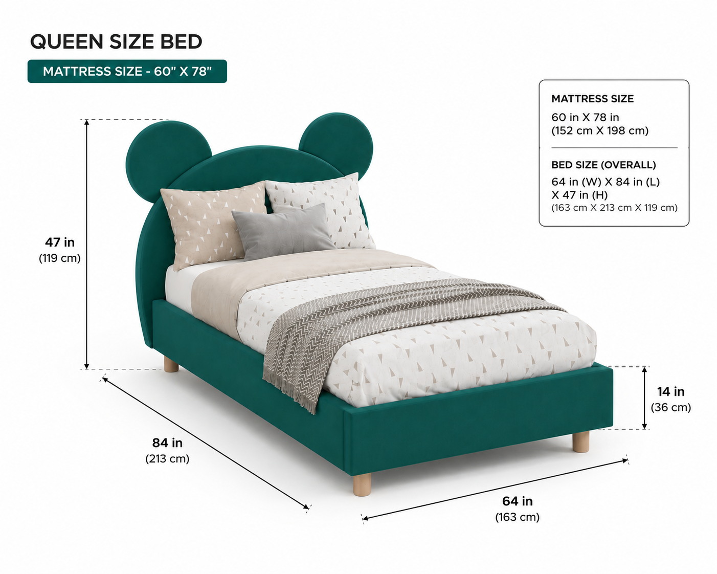 Bear Upholstered Queen Bed Without Storage - Deep Teal - Dimensions by Febonic Living
