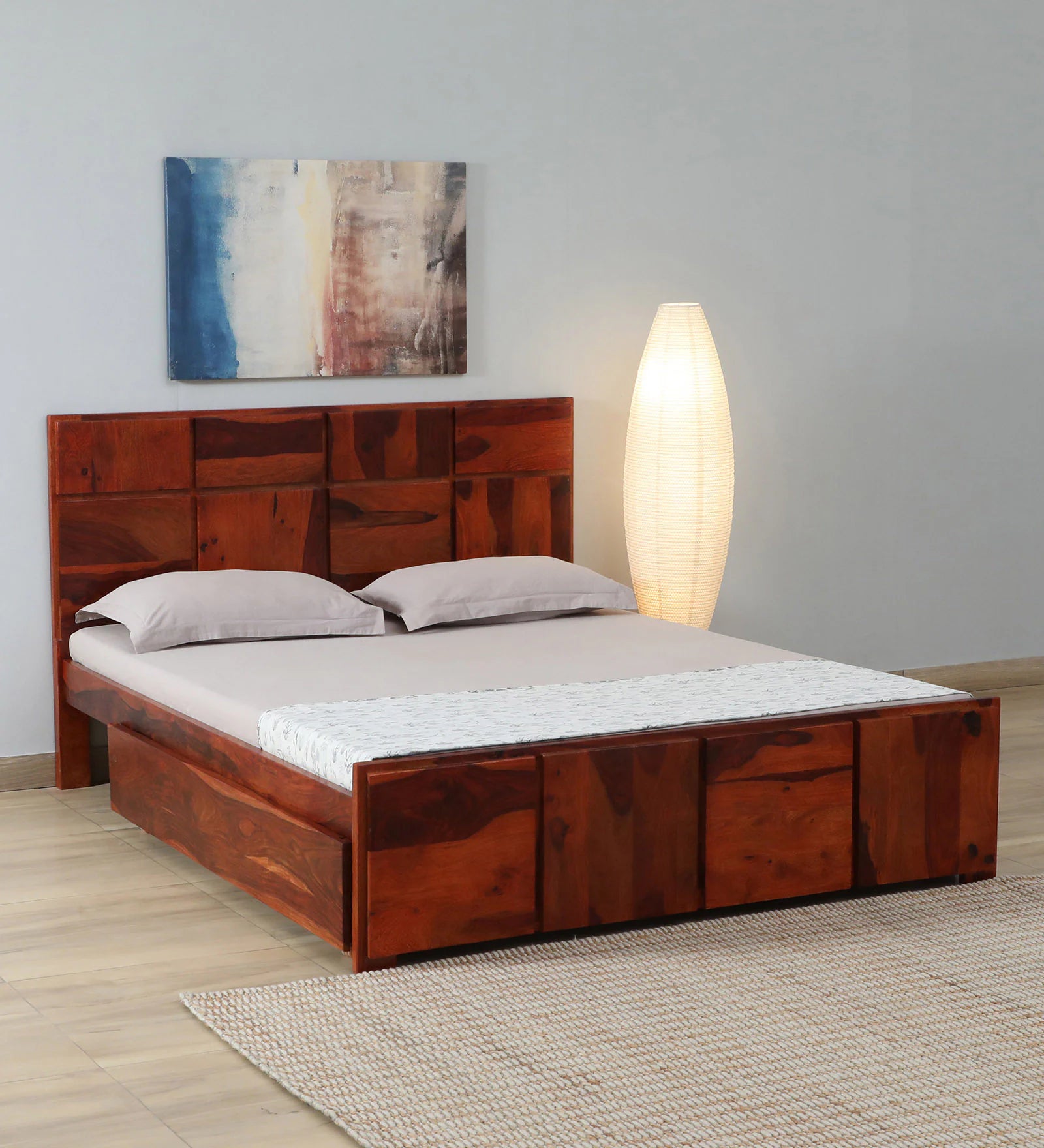 Thor Sheesham Wood Queen Size Bed In Honey Oak Finish With Drawer Storage - Febonic Living