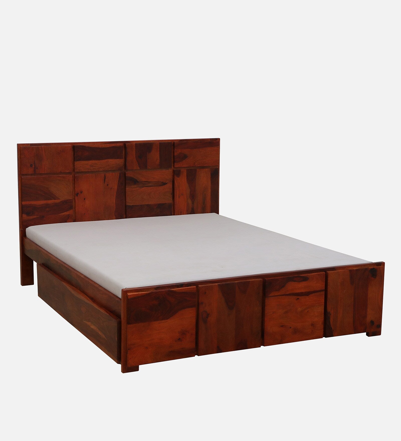 Thor Sheesham Wood Queen Size Bed In Honey Oak Finish With Drawer Storage - Febonic Living