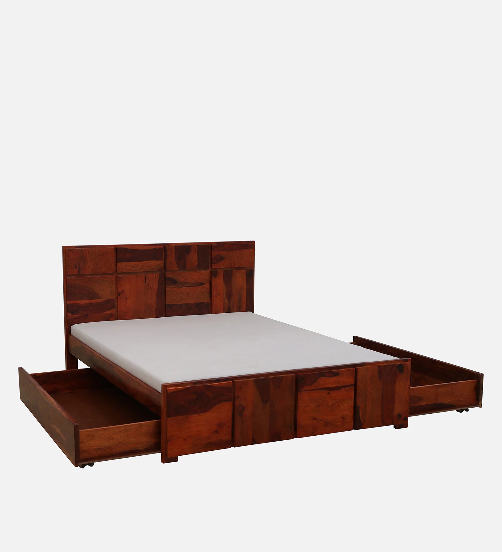 Thor Sheesham Wood Queen Size Bed In Honey Oak Finish With Drawer Storage - Febonic Living