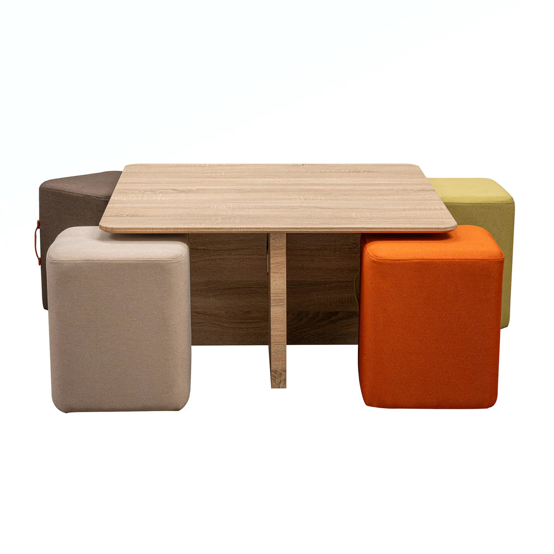 Beto Nesting Coffee Table Set In Natural Finish With Cushioned Stools