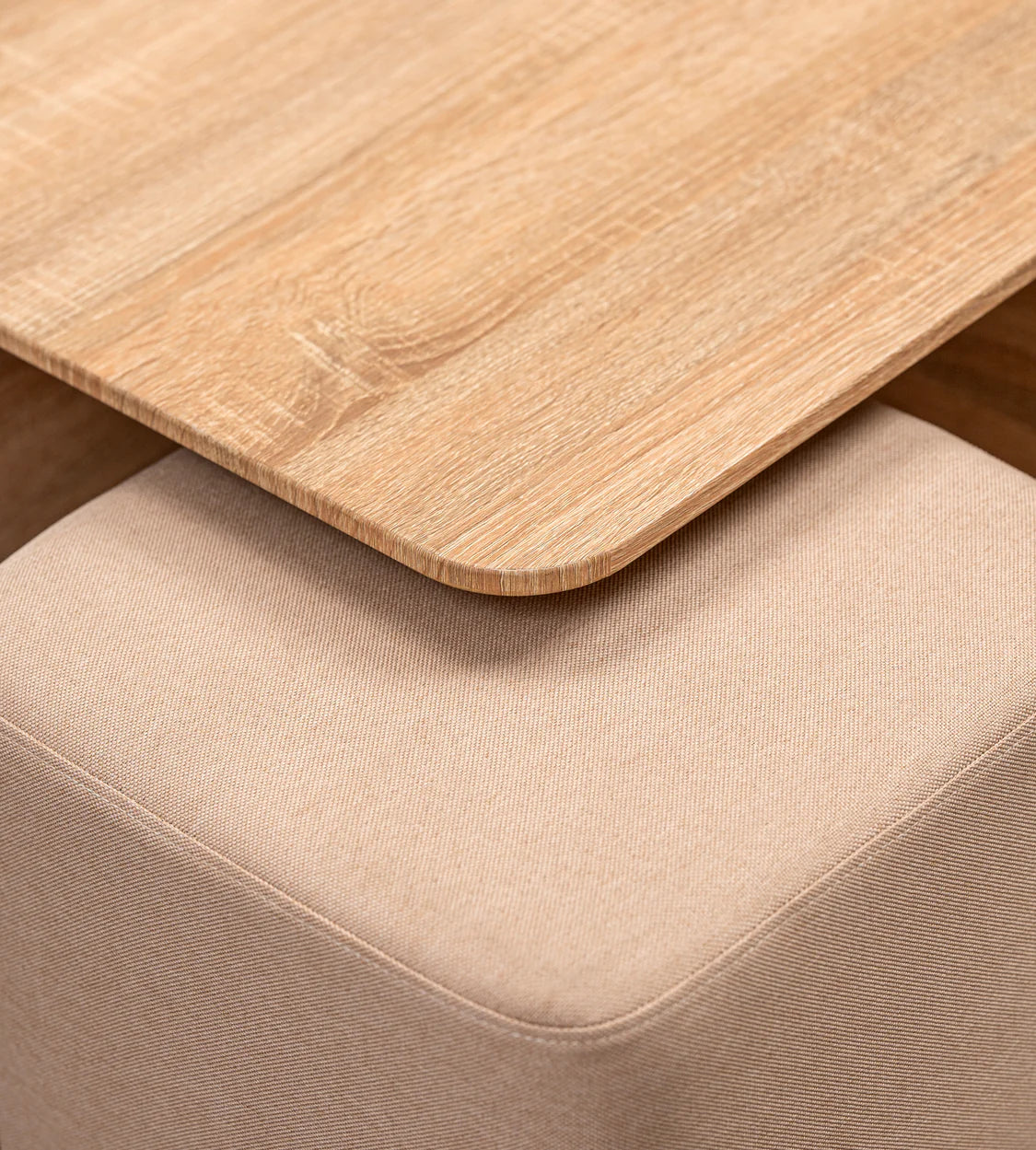 Beto Nesting Coffee Table Set In Natural Finish With Cushioned Stools