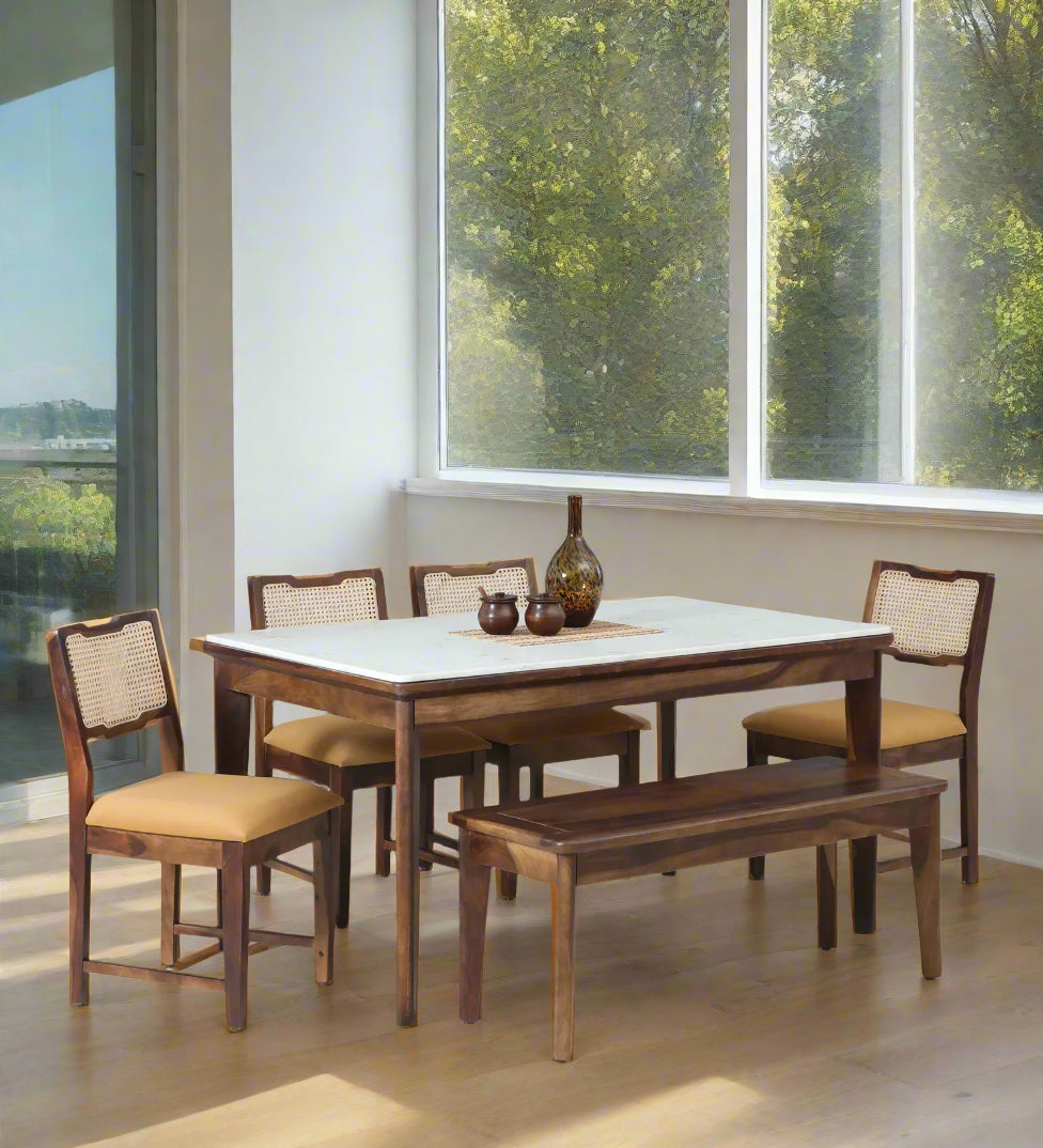 Tanu Sheesham Wood 6 Seater Dining Set In Provincial Teak Finish With Marble Top & Bench - Febonic Living