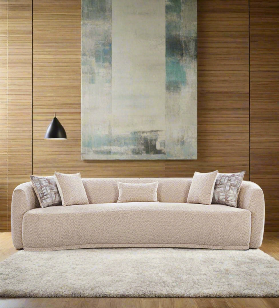 Bowmic Boucle Fabric 4 Seater Curved Sofa In Mushroom Beige Colour