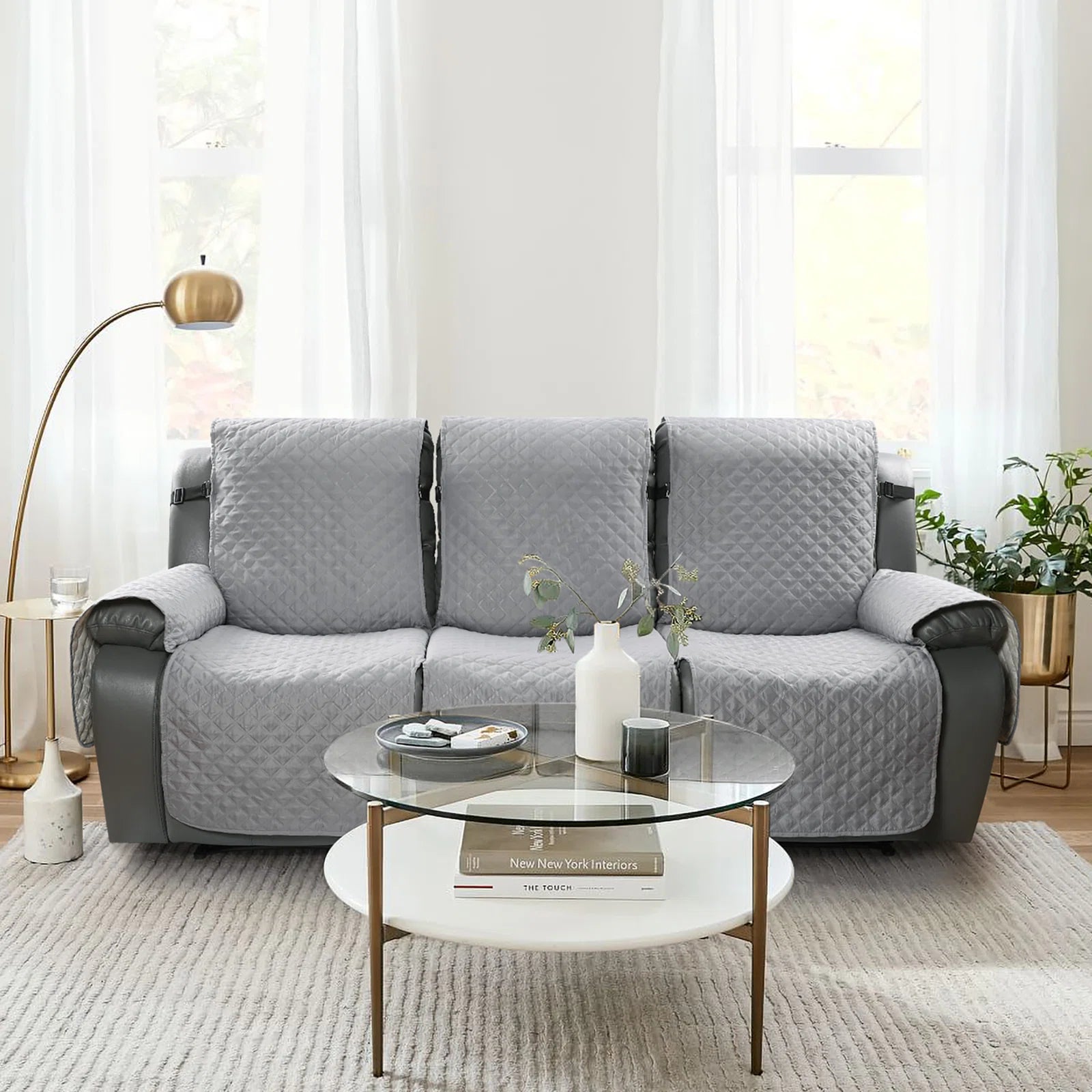 Omkar Velvet Quilted 3 Seater Recliner Cover in Warm Grey Colour - Febonic Living